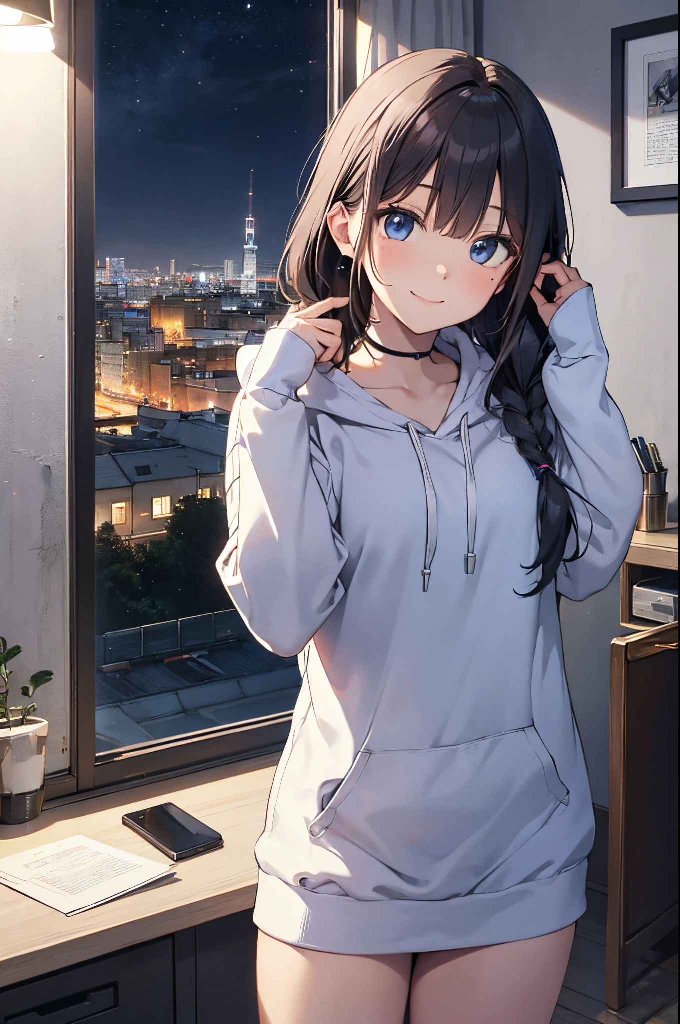 (Girl with a nasty appearance:1.3)、(Night:1.5)、(and chest:1.4)、Raw photography, top-quality, hight resolution, (masterpiece), (Photorealsitic:1.4), (Mole under the eyes),Anime Cosplay, foco nítido, nffsw, 8K分辨率, intricate detailes, depth of fields, the Extremely Detailed CG Unity 8K Wallpapers, front lit, femele,25-years old、 Happy face,Smiling、(tying hair:1.5)、(Medium Showtrain Bo Hair)、(Big hoodie)、blue eyess,(Home:1.5)、(Night city from the window:1.3)、(Full body depiction)、(Working on a PC:1.2)、shining world、Wall clock、personal computers、a desk、(Perspective from behind:1.3),backs