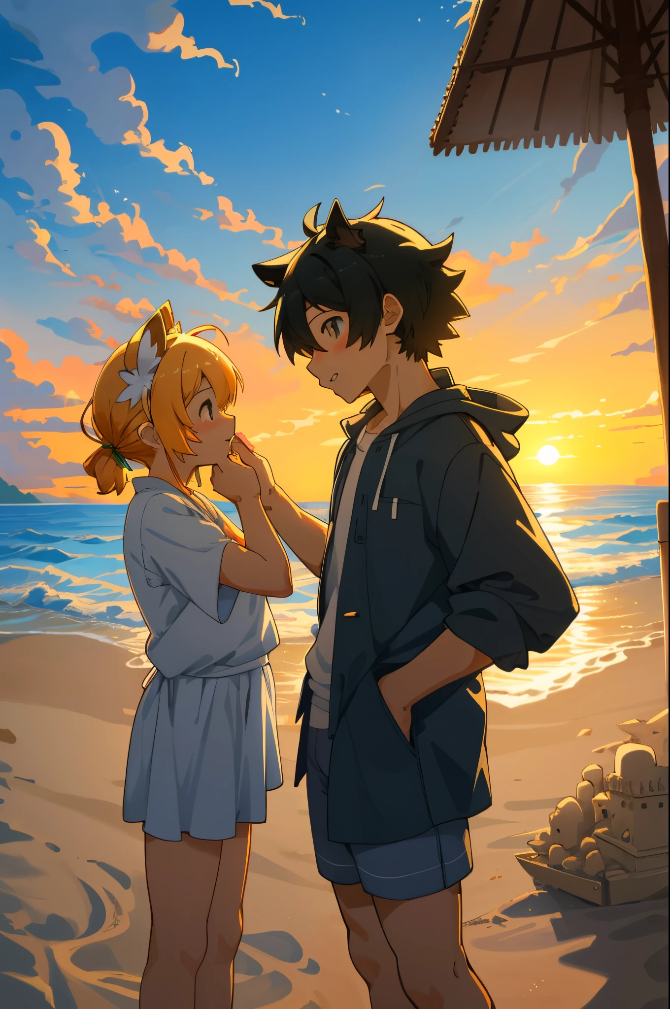 cover page, anime key visual, highres, top quality, best quality, paid reward available, High-quality illustrations, unparalleled masterpiece, perfect artwork, absurdres(family watching sunrise at the beach)(kemono family with two parents of diverse descents and a child)perfect anatomy, mesmerized by the sunrise, child playing with sand and building a sandcastle, serene beach with gentle waves, sky with vibrant colors of dawn, family’s expressions of awe and happiness, moment of peace and togetherness, fan-created work shared on platforms Pixiv or Twitter, cinematic lighting, dynamic angle,