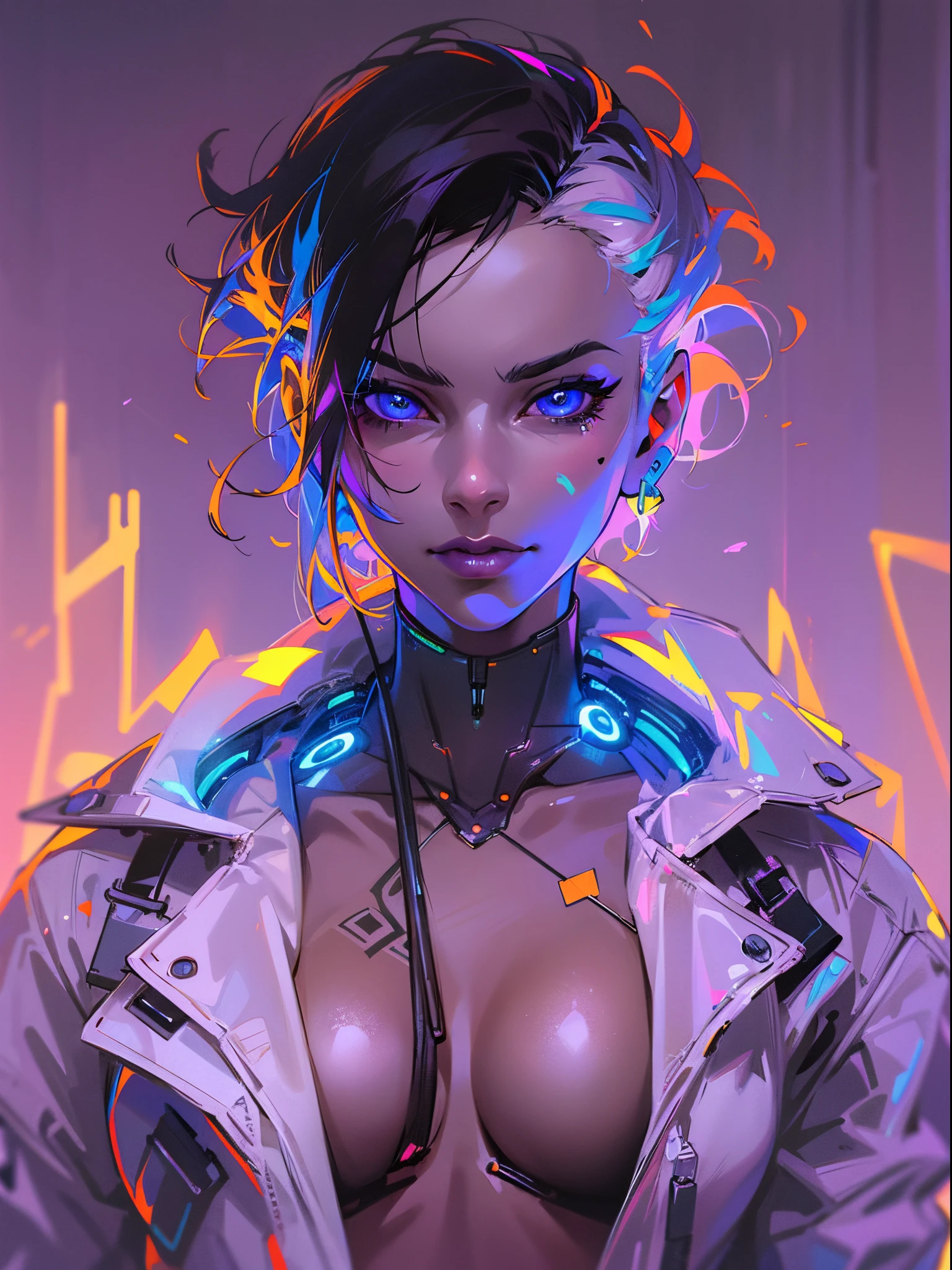 Woman 30 years face close (Emily Ratajkowski pov), short white hair, sidecut hair, tight sexy white swinsuit, cibernetic accessories, unbuttoned cyberpunk white jacket, no buttons, beautiful face, super detail eyes, perfect eyes, medium breasts, close, fiery and lascivious wanting more, front view, blue eyes, purple lipstick, neon lights, cyberpunk, full white background, fire particles, hot
