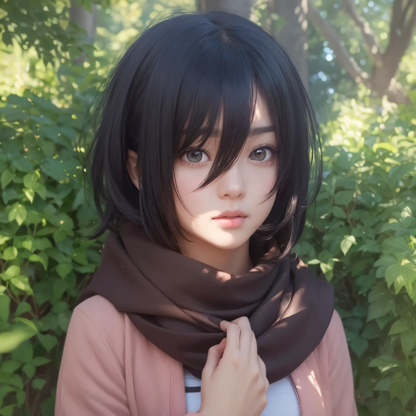 A realistic black haired girl, the same realistic hairstyle, realistic pretty+cute face, realistic cool expression, adapt the same realistic clothes,realistic red scarf, realistic light, realistic shadow, realistic background, realistic big tree background, Good image quality, very good image results, 4k, ultra detailed, realistic