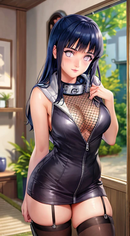 Masterpiece, high definition, high quality, detailed face, detailed body limb rendering, 1girl, solo, Hinata Hinata, Hinata sleeveless clothing, room,, sleeveless shirt, fishnet garment, dark lips, unzipped jacket, no bra, breasts out, standing, blush, , stockings, transparency