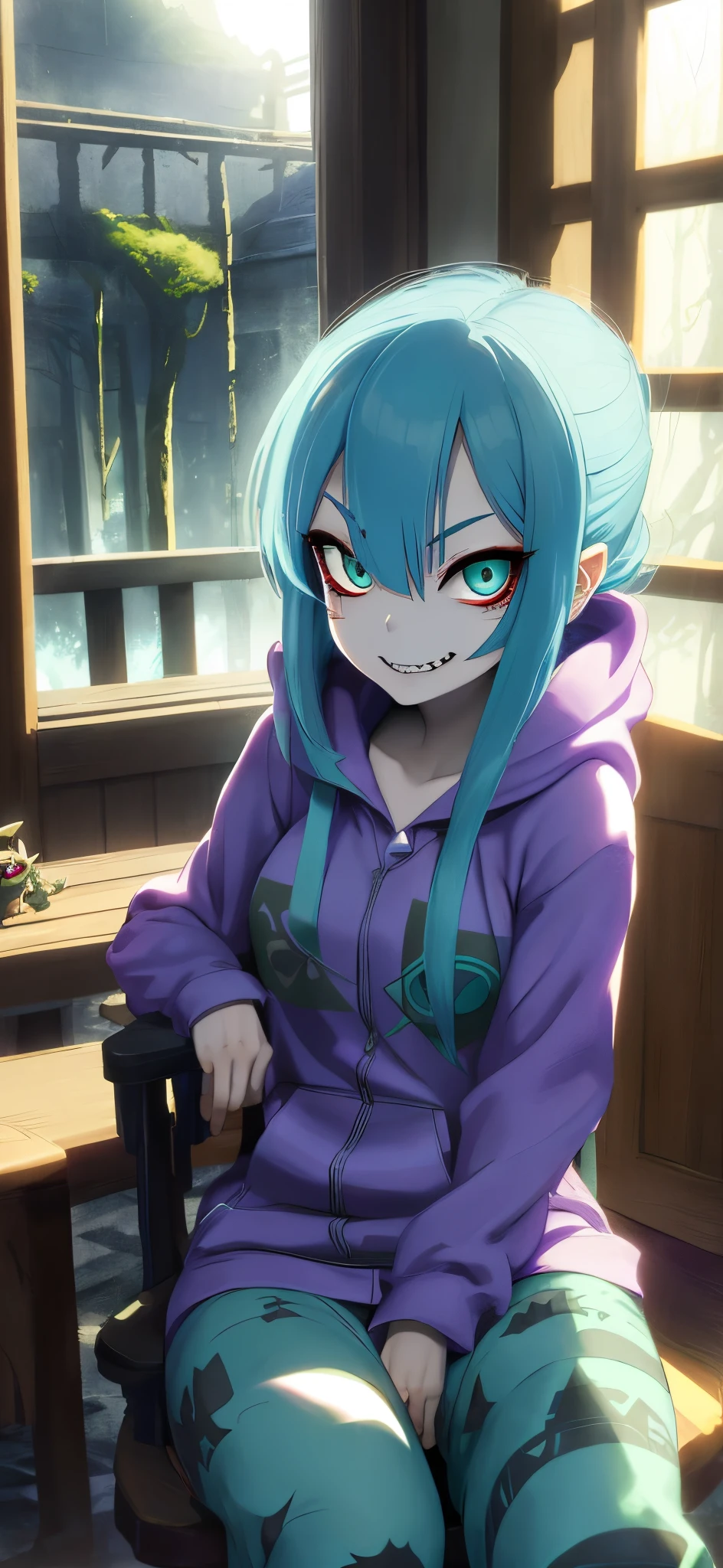 twilight princess, zelda twilight princess, nefarious smirk, shady, ashy, midna, goddess of mischief, giddy smirk, villainess, jinx, imp, sharp teeth, hoodie, pajama pants, sitting in chair, cyan blue hair, window with rain in background