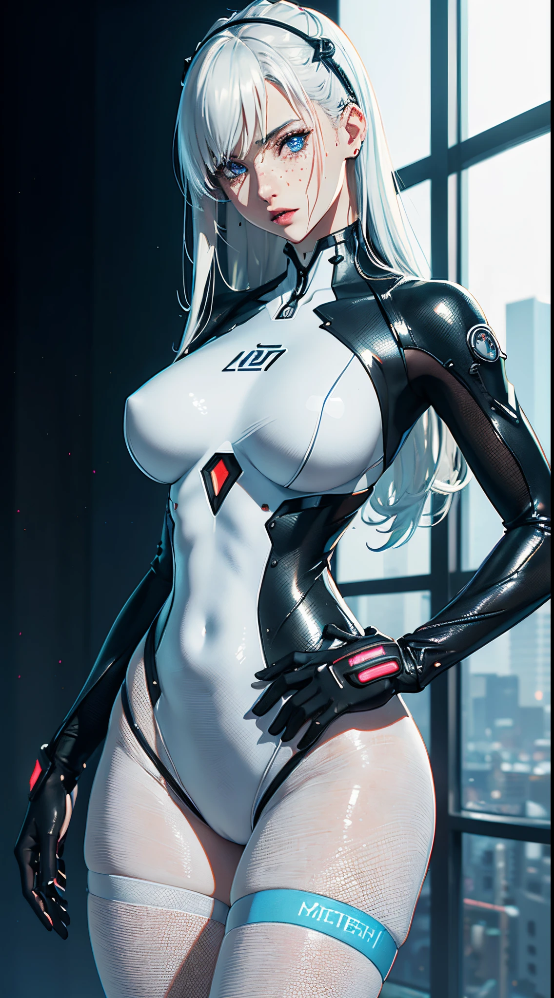 (((Young White Woman))), ((Best Quality)), ((Masterpiece)), (Detail: 1.4), 3D, A Beautiful Cyberpunk Woman with Simon Bisley-style micro thong, Genesis evangelion neon style clothing, 2-piece clothing, Long silver hair, arm tatoo, cybernetic hands, pastel, Centered, scale to fit the dimensions, nffsw (High dynamic range),Ray tracing,NVIDIA RTX,Hyper-Resolution,Unreal 5,Subsurface Dispersion, PBR Texture, Post-processing, Anisotropy Filtering, depth of fields, Maximum clarity and sharpness, Multilayer textures, Albedo and specular maps, Surface Shading, accurate simulation of light and material interactions, Perfect proportions, Octane Render, Two-tone lighting, Wide aperture, Low ISO, White Balance, thirds rule, 8K Raw, Crysisnanosuit,loraeyes,nijistyle,pantyhose, freckles, nsfw, sexual pose ,High detailed, 300dpi, pornstar, ((((white background))), (((sexy pose))), (((flirt))), Blue eyes
