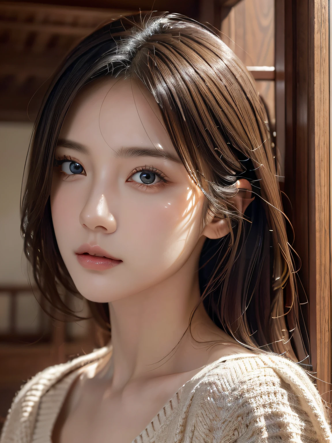 ​masterpiece、1 beautiful girl、detailed brown eyes、Puffy eyes、top-quality, 超A high resolution, (Realisticity: 1.4), cinematlic lighting、(japanes)、Asian Beauty、Super beauty、Beautiful skin、A slender、looking at viewert、Facing straight ahead、(A hyper-realistic)、(hight resolution)、(8K)、(ighly detailed)、(Best Illustration)、(beautifully detailed eyes)、(ultra-detailliert)、 (wall-paper)、A detailed face、Bright lighting、profetional lighting、