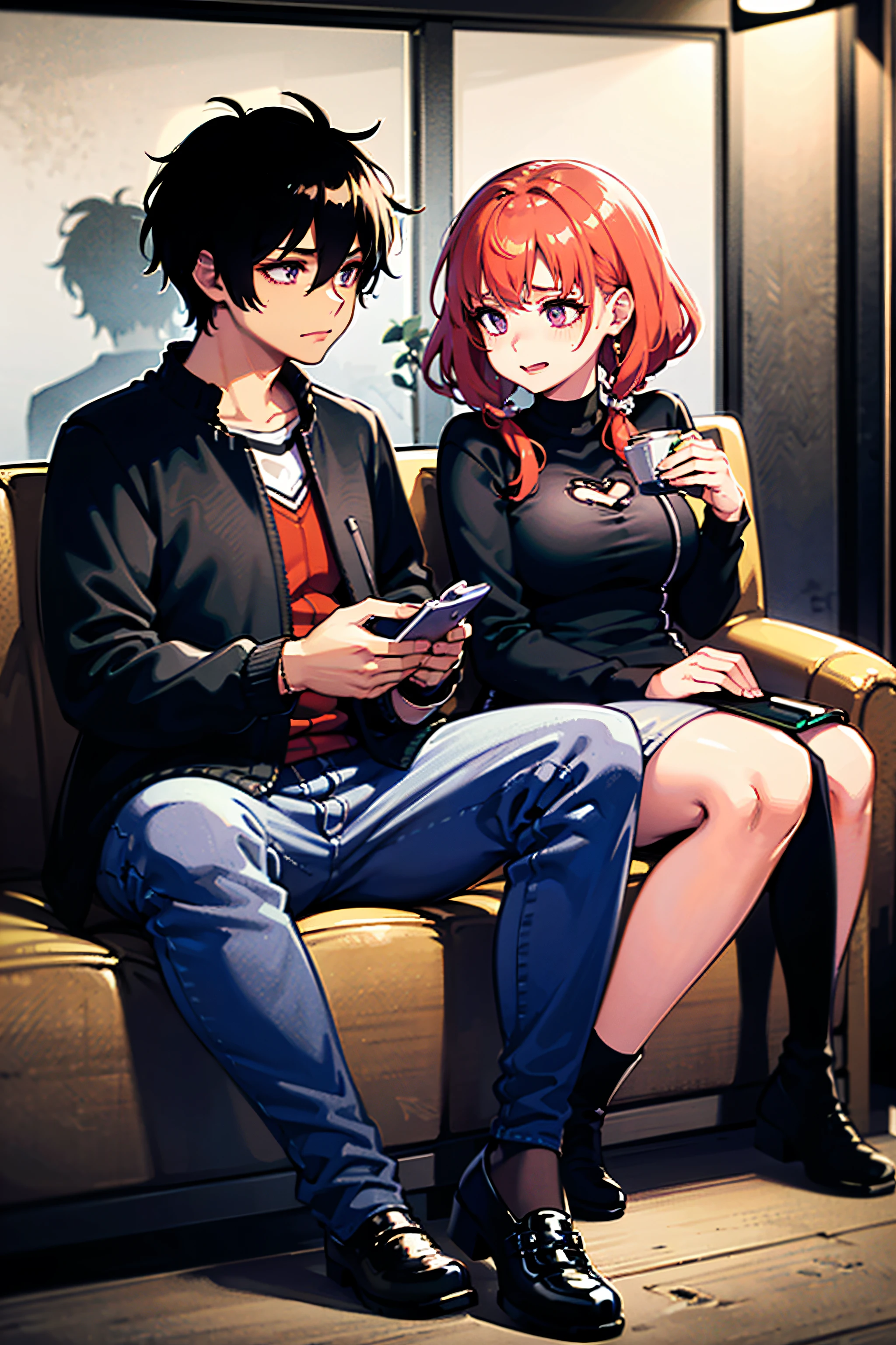 TWO young people, A BOY AND A GIRL, both around 19 years old, with dark skin, enjoying a relaxed moment. The boy, with dark skin, wears a black rock shirt combined with jeans and black and white sneakers. His style is finished off with a gold purple leather watch, adding a distinctive touch. Her tousled, medium-length hair adds a rebellious vibe to her look.
The girl, also with dark skin, dresses similarly, with black and purple clothes, striped socks and black sneakers with purple details. Her short hair, adorned with a beret, shows a delicate heart in the center of her blouse, subtly showing off a small space of her skin in the center of her chest. Both convey an image of youthfulness and originality.
The scene takes place in a café, where the boy calmly enjoys his coffee, while the girl enjoys a giant cheese bread, almost filling her mouth. The atmosphere is lively and relaxed, with the two immersed in their moment, enjoying each other's company and enjoying their coffee and snack choices,UHD, retina, masterpiece, ccurate, anatomically correct, textured skin, super detail, high details , high quality, award winning, best quality, highres, 1080P, HD, 4K, 8k, 16k