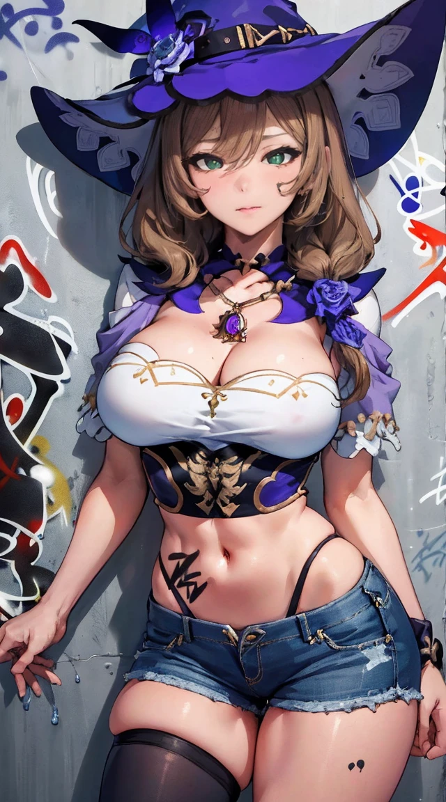 Lisa|genshin impact, master-piece, bestquality, 1girls, 25 years old, shorts jeans, oversized breasts, ,bara, crop top, shorts jeans, choker, (Graffiti:1.5), Splash with purple lightning pattern., arm behind back, against wall, View viewers from the front., Thigh strap, Head tilt, bored, water eyes, sexy