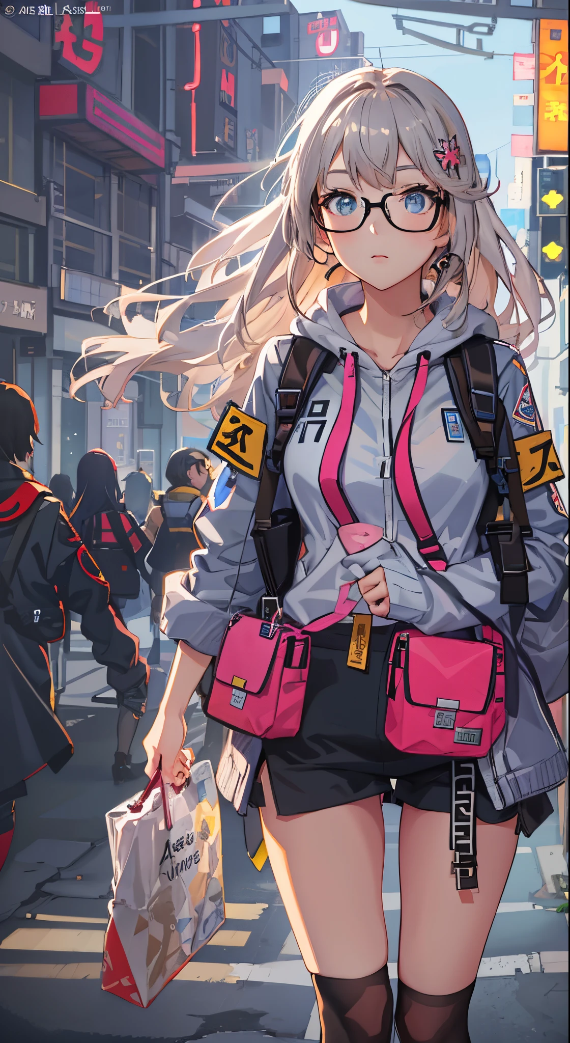 Anime girl with glasses and backpack on the city street, from girls frontline, Fine details. girls' frontline, Trending on ArtStation pixiv, kawacy, guweiz on pixiv artstation, artwork in the style of guweiz, guweiz on artstation pixiv, girls frontline style, very detailed Artgerm, guweiz