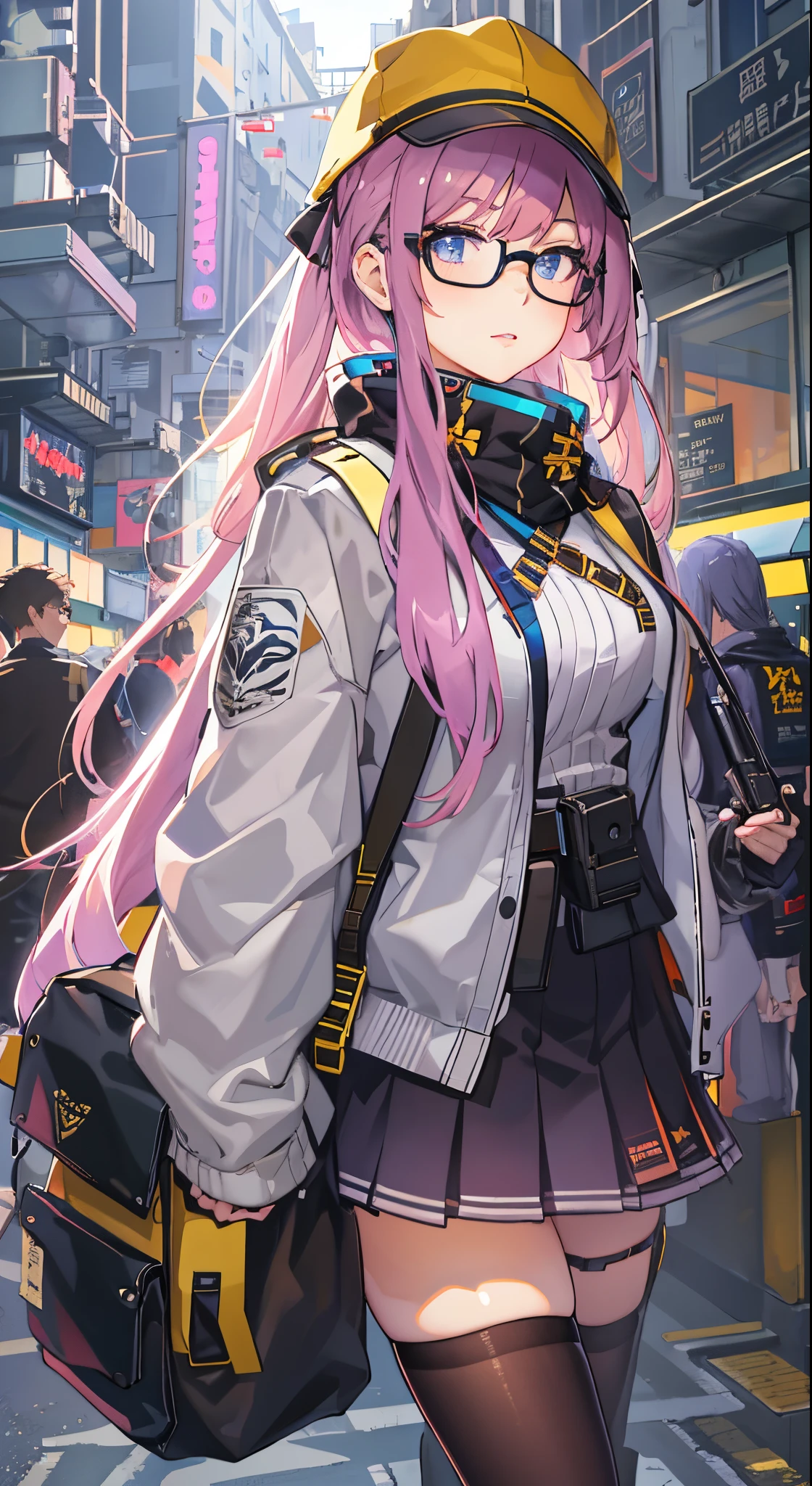 Anime girl with glasses and backpack on the city street, from girls frontline, Fine details. girls' frontline, Trending on ArtStation pixiv, kawacy, guweiz on pixiv artstation, artwork in the style of guweiz, guweiz on artstation pixiv, girls frontline style, very detailed Artgerm, guweiz