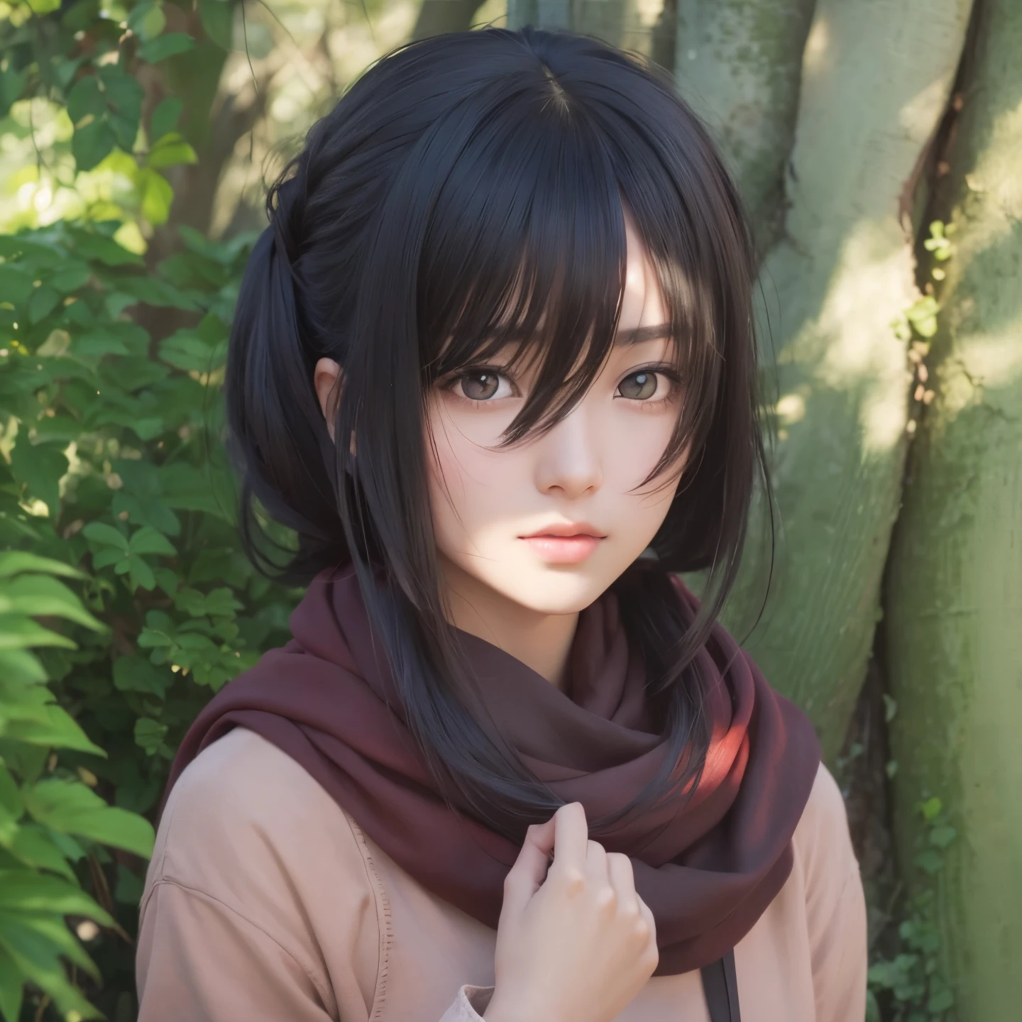 A realistic black haired girl, the same realistic hairstyle,Her hair is tied realistically, realistic pretty+cute face, realistic cool expression, adapt the same realistic clothes,realistic red scarf, realistic light, realistic shadow, realistic background, realistic big tree background, Good image quality, very good image results, 4k, ultra detailed, realistic