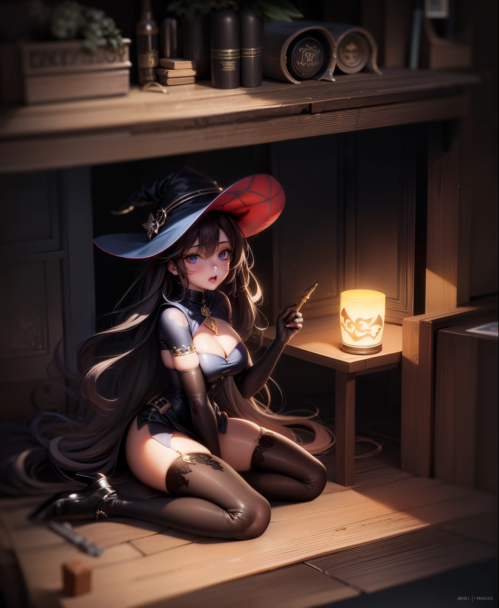 Witch girl,sitting on the floor casting spell, high waist cut, leather belt, staff, long brown hair, blue eyes, magic scrolls, candlesfloor mat, bed, bedlight, pillows,floor,candles,witchhat,onepiece,sheets,potplants,cat,(comic style), (colored line art:1.3), ((Best quality)), ((masterpiece)), (detailed:1.3), 3D an image of a beautiful female,HDR (High Dynamic Range),Ray Tracing,NVIDIA RTX,Super-Resolution,Unreal 5,Subsurface scattering,PBR Texturing,Post-processing,Anisotropic Filtering,Depth-of-field,Maximum clarity and sharpness,Multi-layered textures,Albedo and Specular maps,Surface shading,Accurate simulation of light-material interaction,Perfect proportions,Octane Render,Two-tone lighting,Wide aperture,Low ISO,White balance,Rule of thirds,8K RAW,