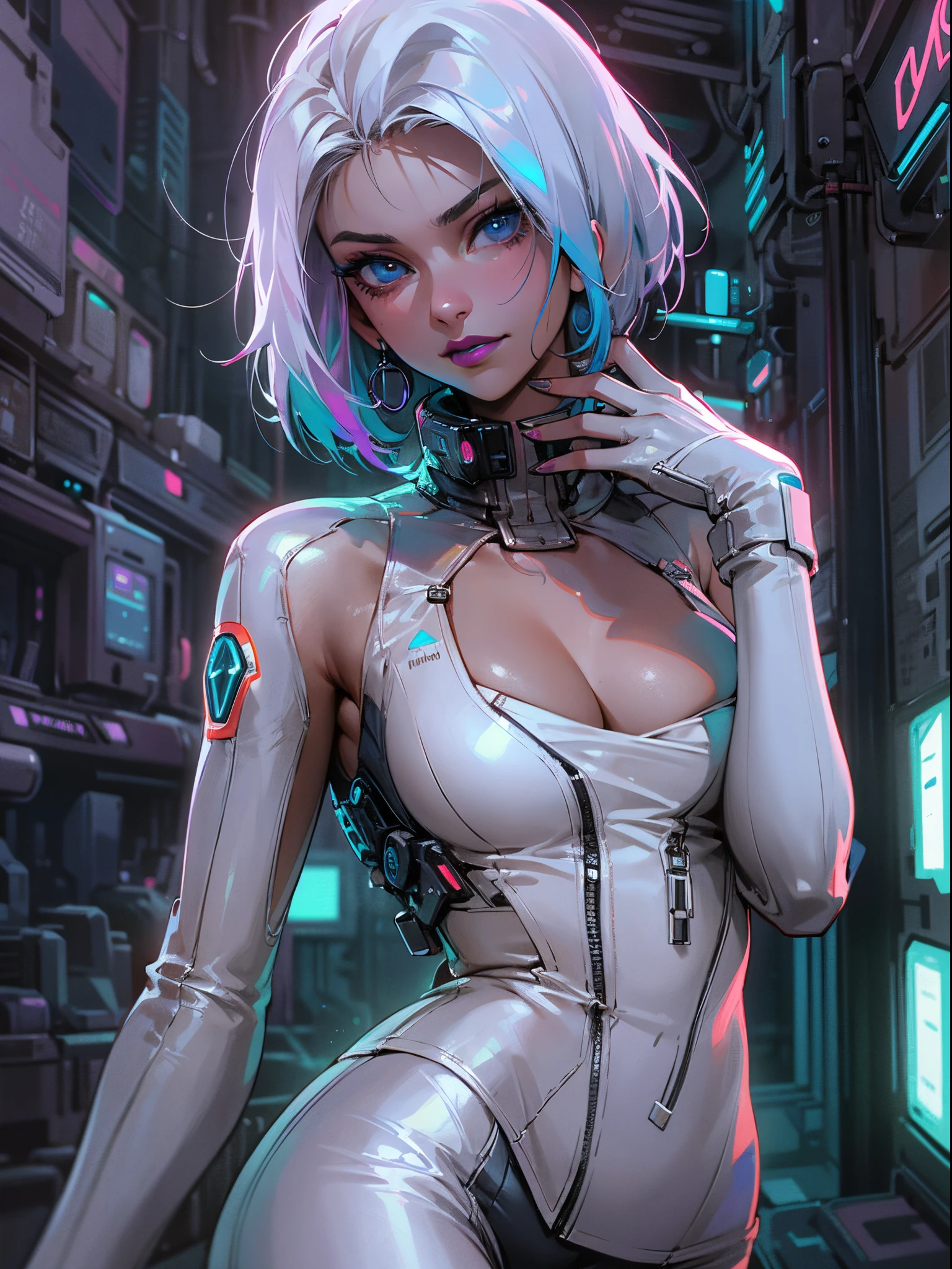 Woman 30 years (Emily Ratajkowski pov), steam, short white hair, tight sexy white swinsuit, low-cut, black leather jacket, cibernetic accessories, black tight shorts, no bra, beautiful face, super detail eyes, perfect eyes, medium breasts, close, sensual pose, fiery and lascivious wanting more, head turned to look at viewer, perfect hands, blue eyes, purple lipstick, detailed, digital art:1.2, ultra-detailed, photorealistic:1.37, futuristic, vibrant colors, neon lights, cyberpunk, full white background scenarium