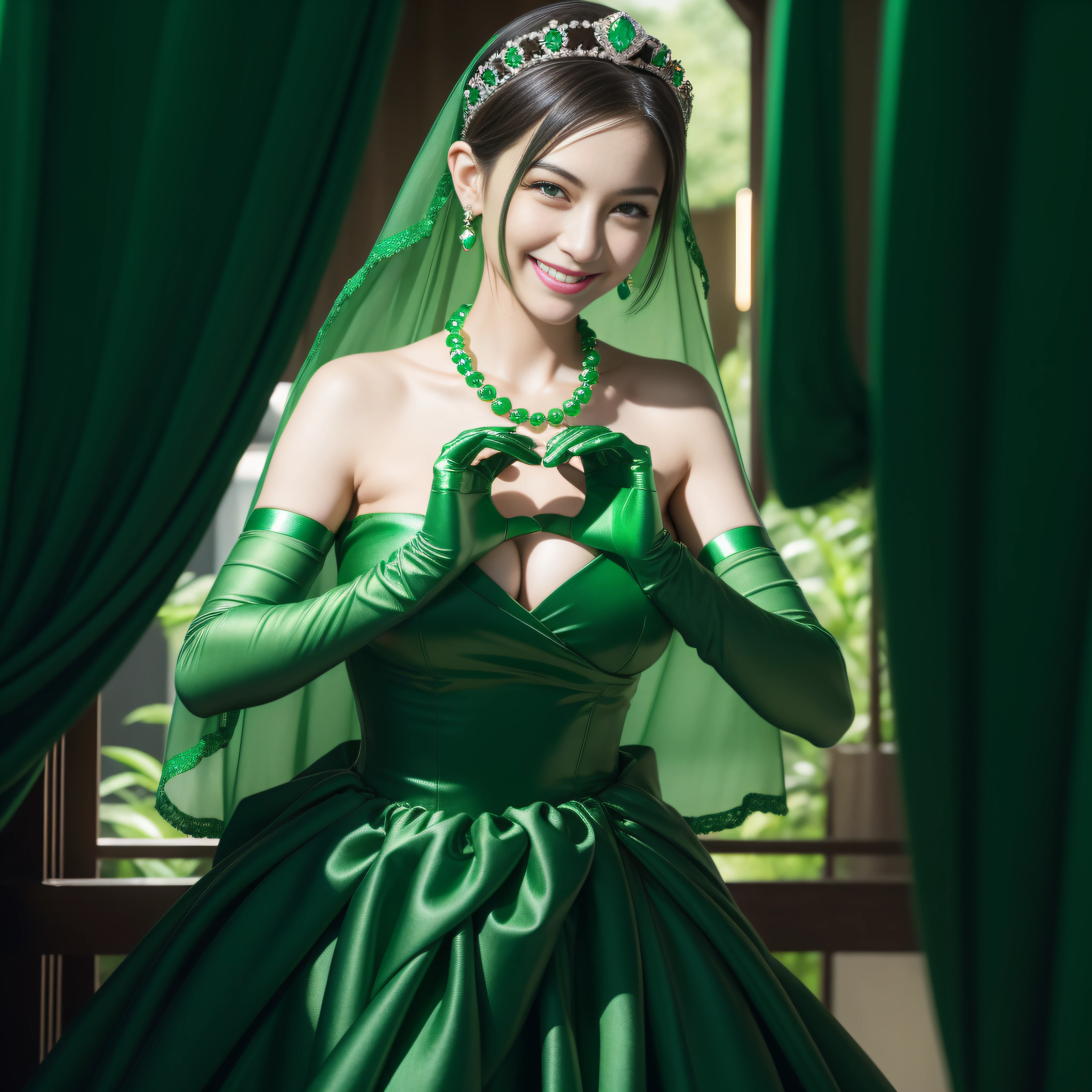 emerald tiara, Green Pearl Necklace, Boyish very short green hair, lipsticks, Japan woman smiling, very short short hair, big breasts beautiful, Green eyes, Long green gloves made of satin material, Green eyes, Emerald Earrings, green vale, Heart with both hands