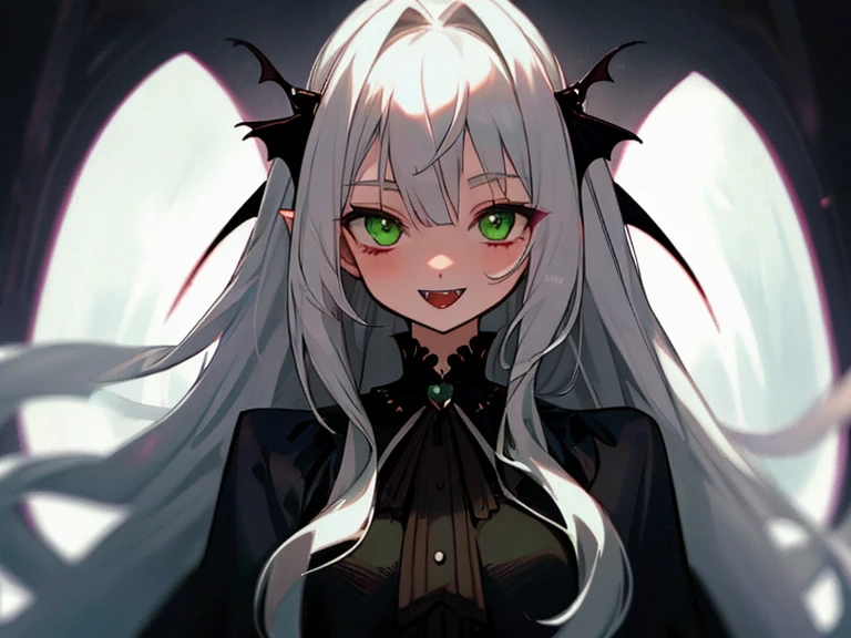 Vampires　silver hair girl　Green eyes　double tooth　one eye hidden　The long-haired