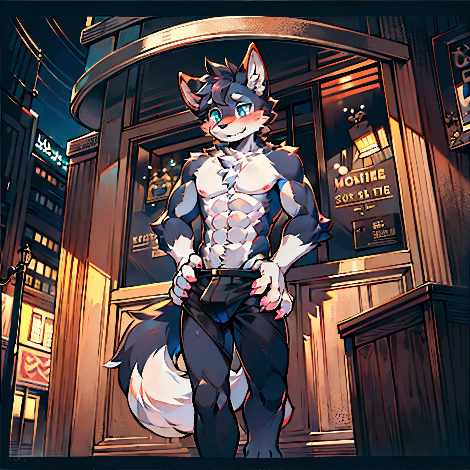 (Best quality at best, 8K, A high resolution, tmasterpiece:1.2, {There is only one man}), ultra - detailed, Correct details, Handsome and elegant, Canidae, hairy pubic hair,(male people), biceps, cute big dog, (Gray-black fur), (border collie), Eight-pack abs, (only one big tail) ,Paw pads, claw toes, (big white paw), (Pink paw pads), blue colored eyes, Each foot has four toes, Each hand has four fingers, ellegance, Pink nipples, Highlight the crotch, Charming abs, (Slim), shy boy, on modern roads, Tall figure,legs long,External, (modern city commercial street), Morning, red is short,There is a huge bulge in the crotch, Very shy