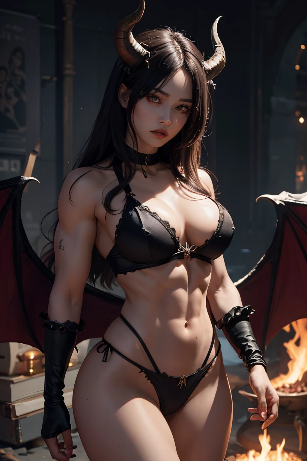 Demoness, horns, black lingerie, cleavage, demon wings, annoyed, angry, muscular figure, muscles, six pack, muscles and strong body build, muscular figure.