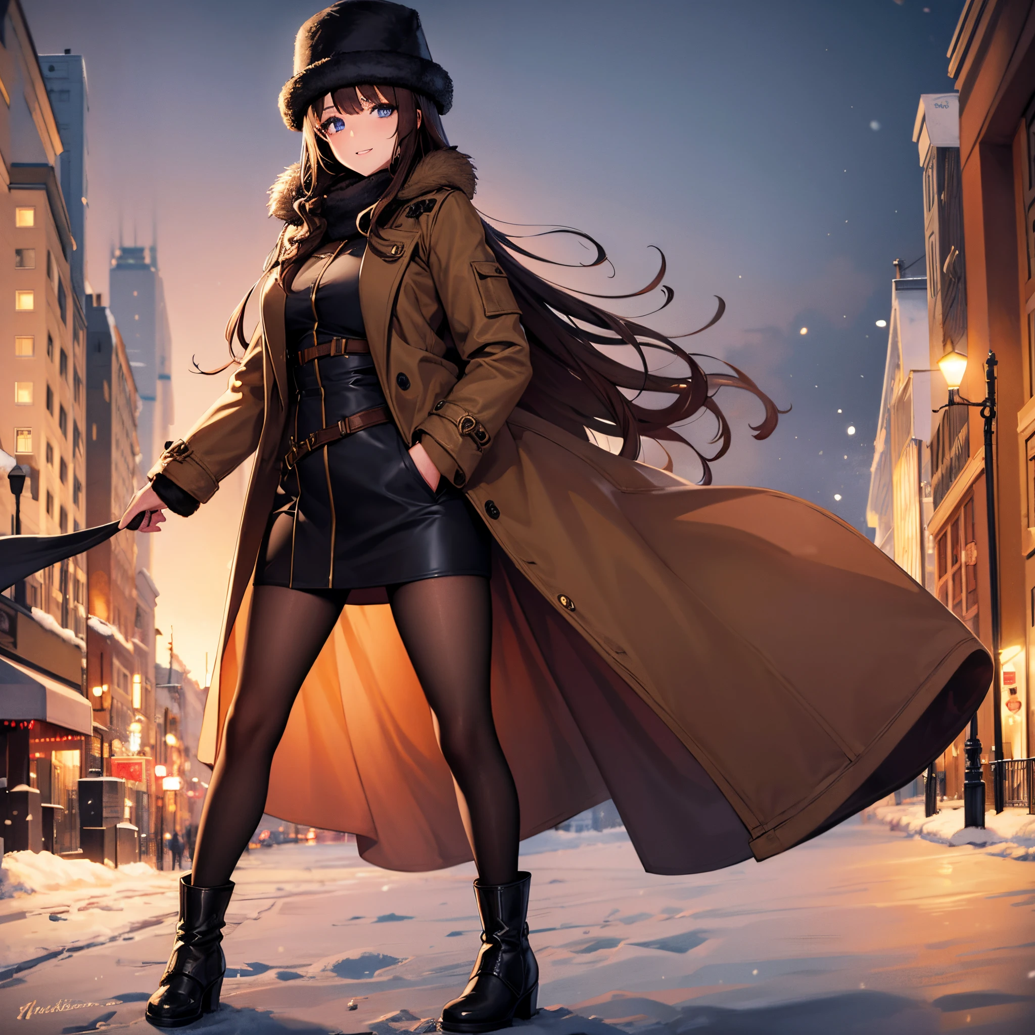 1 girl, solo, long brown coat, oversized coat, black pantyhose, brown hair, curly short hair, blue eyes, gorgeous girl, cute ushanka hat, medium breasts, russian girl, black snow boots, snowy city in background, hands in pockets, light smile