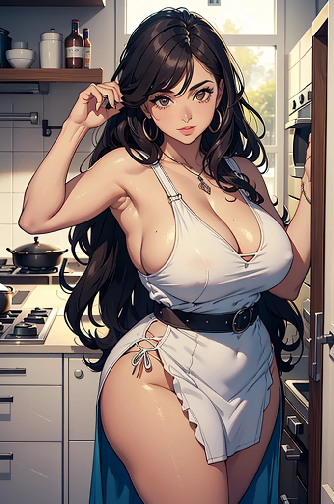 La mejor calidad, Mujer madura sola, pechos gigantes, gigante, very curvy, Cabello rubio largo y lacio, brown eyes, labios carnosos, seductor, Delantal de cocina, ama de casa, sonriente,de noche