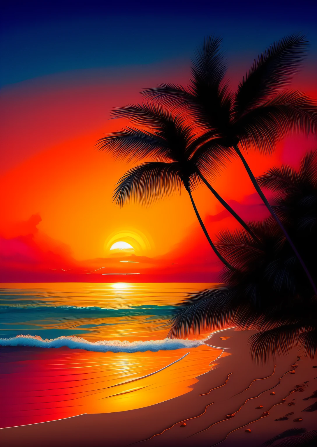 a painting of a sunset with palm trees and waves, which shows a beach at sunset, beach sunset background, beautiful sunset, sunset at the beach, beautiful sunset glow, nice sunset, gorgeous romantic sunset, sunset at the beach, SUNSET ILLUSTRATION, the most beautiful sunset, Red sun over paradise, magnificent background, Sunset Glow, paper awesome wallpaper, cena quente e bonita