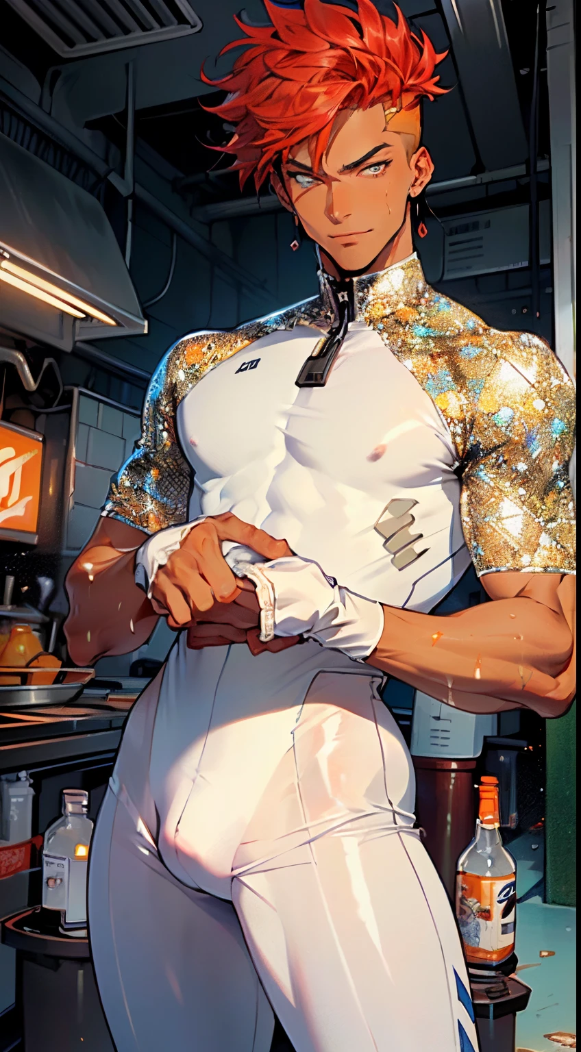 man:1.5,1 man,thief man,(((1man))),((man with stylish short hair)),
(((1male,man:1.5,handsome man,male,male gender:1.5,male focus))),macho man,
((short red hair,detailed hair,highly detailed hair,red hair,dyed interior hair,colored inner hair)),(((lustrous skin:1.5,tanned skin,bright skin: 1.5,skin tanned,shiny skin,very shiny skin,shiny body,illuminated skin))),(((orange_eyes:1.2))),intricate eyes,beautiful detailed eyes,symmetrical eyes,((man chest)),handsome face,((muscular)),(((detailed face))),
alluring look,nsfw,
(((bare chest))),elegant white pants,((bulge in pants)),((elegant thief outfit)),(wearing a elegant thief outfit:1.3,thief clothes),((wet clothes,intricate outfit,intricate clothes)),
(dynamic pose:1.0),solo focus,((evil smile,evil look)),(centered,scale to fit dimensions,Rule of thirds),
cyberpunk city by the ocean at night, with bright neon signs and dark stormy clouds and puddles, scenery:1.25,
highres, sharp focus, (ultra detailed, extremely detailed), (photorealistic artwork:1.37),(extremely detailed CG unity 8k wallpaper),((synthwave background theme)),(((vibrant colors))),(intricate background),(masterpiece),(best quality),