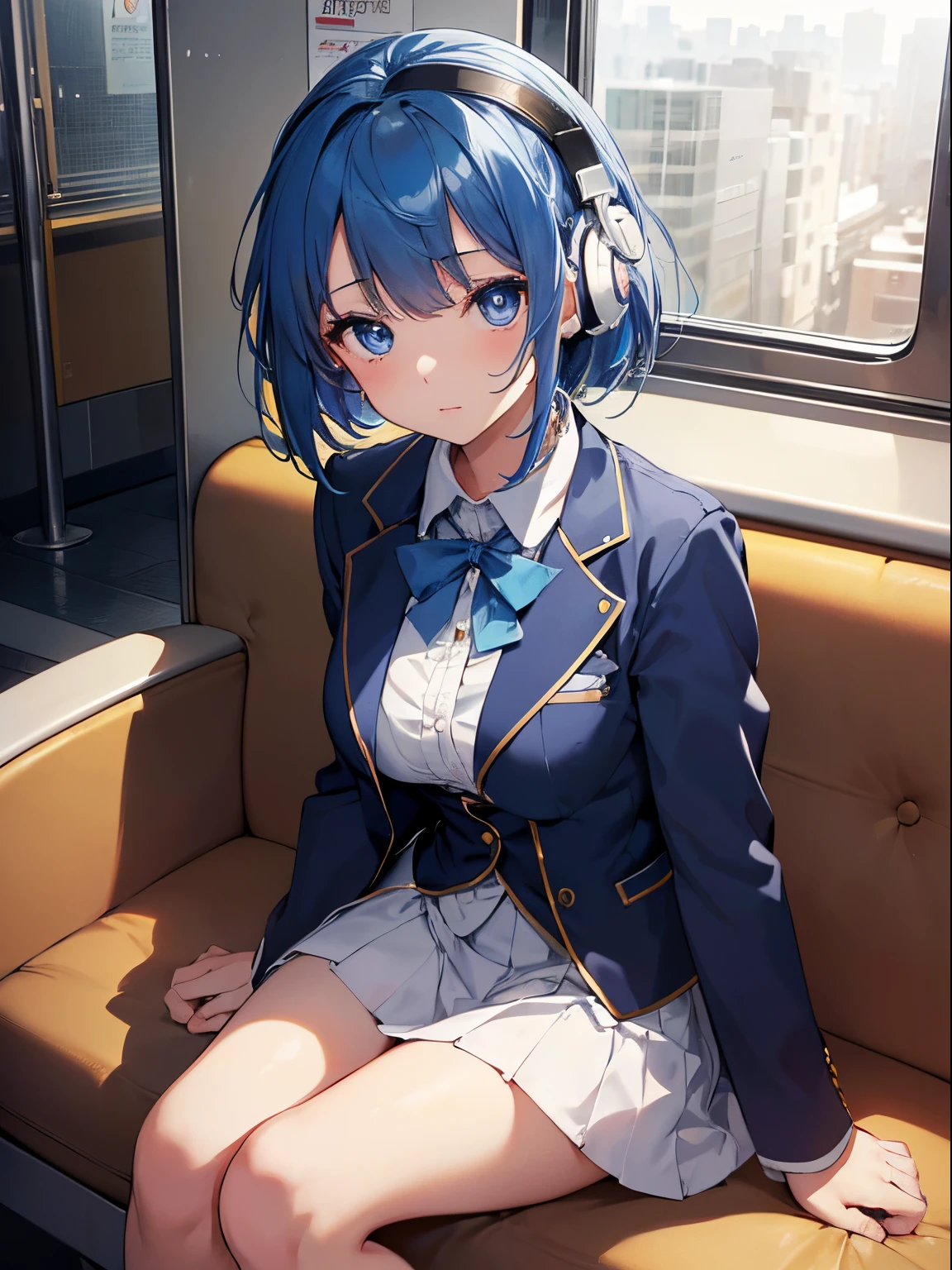 masutepiece, Best Quality, hight resolution, ​masterpiece、full body Esbian、from the front side、low angles、(1girl in),(beautiful eyes finely detailed、Face to detail、masterpiece sidelighting、​masterpiece、top-quality、detaileds、High resolution illustration),Delicate Makeup, (a closeup:1.2)、POV、softfocus、Background bokeh、On the train、Tokyo Subway、sitting in the train seat、put on headphones and listen to music、Sleep with your mouth open、,(Highest quality illustrations:1.2), (Kawaii Girl:1.1), (1girl in:1.5, 独奏:1.5)、 (1girl in、18year old、One pose、cute little、Medium chest:1.5、ultradetailed eyes:1.2)、(beauty breast)、((blue eyess、Blue hair:1.5))、(shorth hair)、(((Short bob hair)))、thin-waist、small ass、skinny thigh、BREAK(top-quality、ultra-detailliert、highly detailed and beautiful、超A high resolution、Detailed arm:1.2),
 (high-school uniform、Dark blue blazer、white  shirt、Blue Ribbon、White pleated skirt)、 ((Detailed face,)), ((Smooth texture:0.75, Realistic texture:0.5, Anime CG style)), medium breasts, Dynamic Angle, Beautiful breasts, Perfect body,
