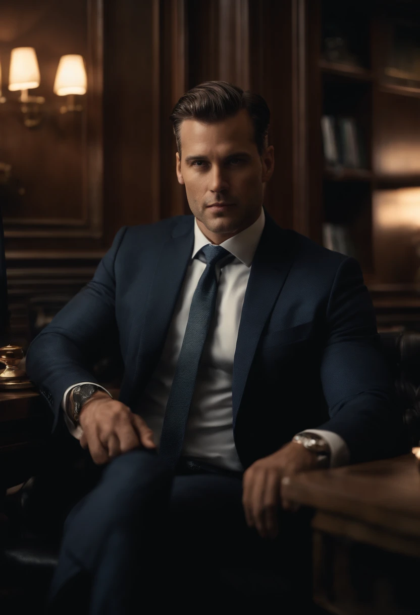 Portrait of a businessman in New York sitting behind his desk in a suit this man must be handsome and with little elegant hair the image must be clear and in 8k and behind him you must see New York