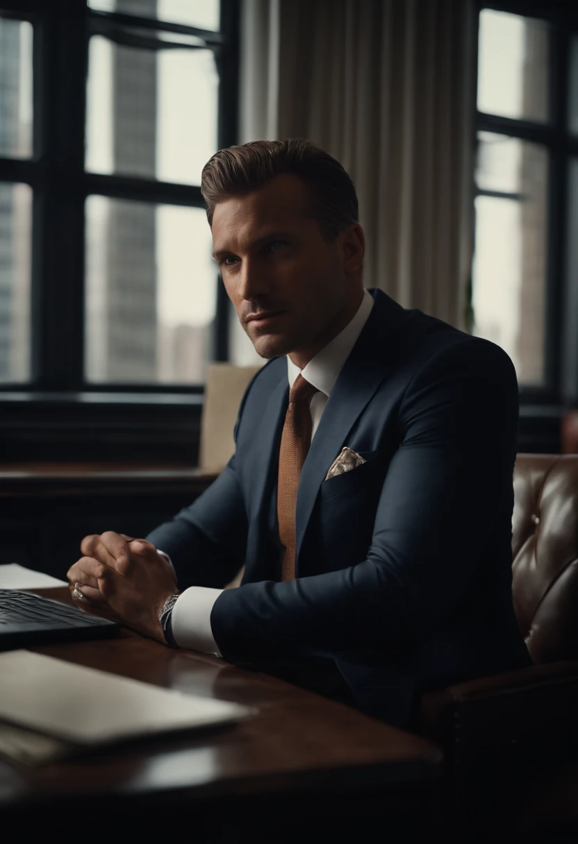 Portrait of a businessman in New York sitting behind his desk in a suit this man must be handsome and with little elegant hair the image must be clear and in 8k and behind him you must see New York
