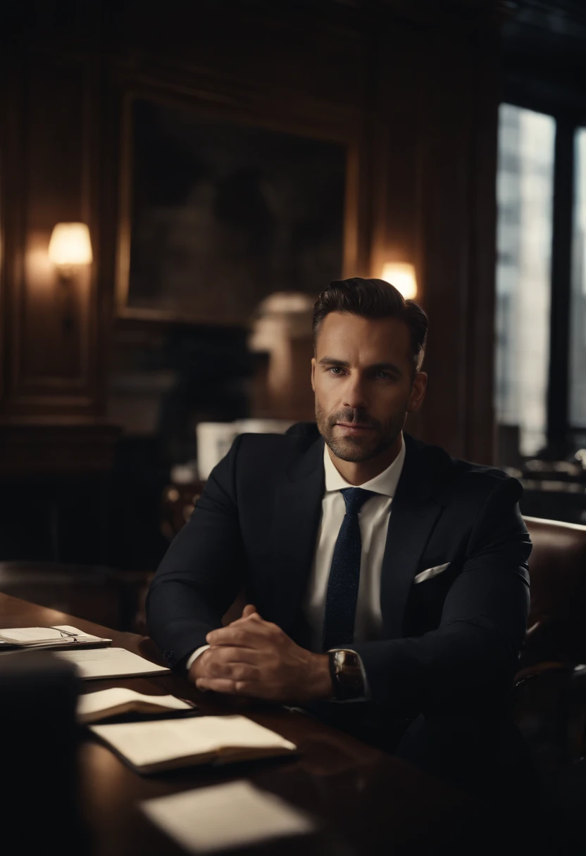 Portrait of a businessman in New York sitting behind his desk in a suit this man must be handsome and with little elegant hair the image must be clear and in 8k and behind him you must see New York