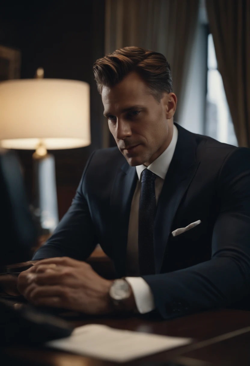 Portrait of a businessman in New York sitting behind his desk in a suit this man must be handsome and with little elegant hair the image must be clear and in 8k and behind him you must see New York