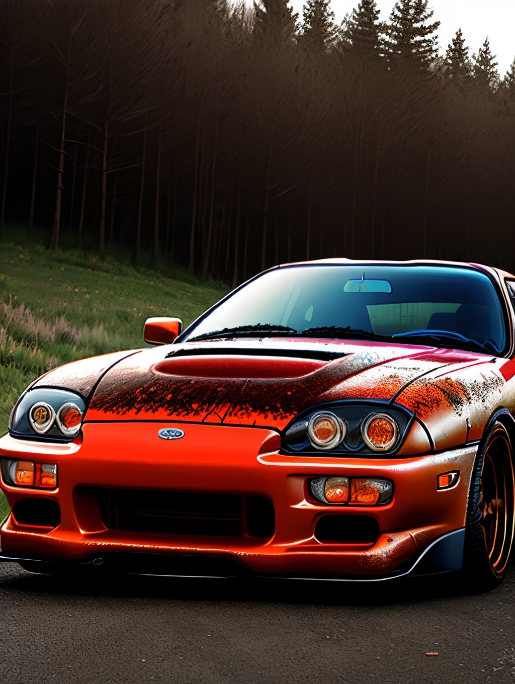 An old rusted Toyota Supra with a frightening face