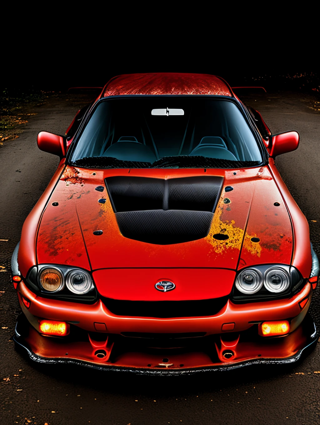 An old rusted Toyota Supra with a frightening face