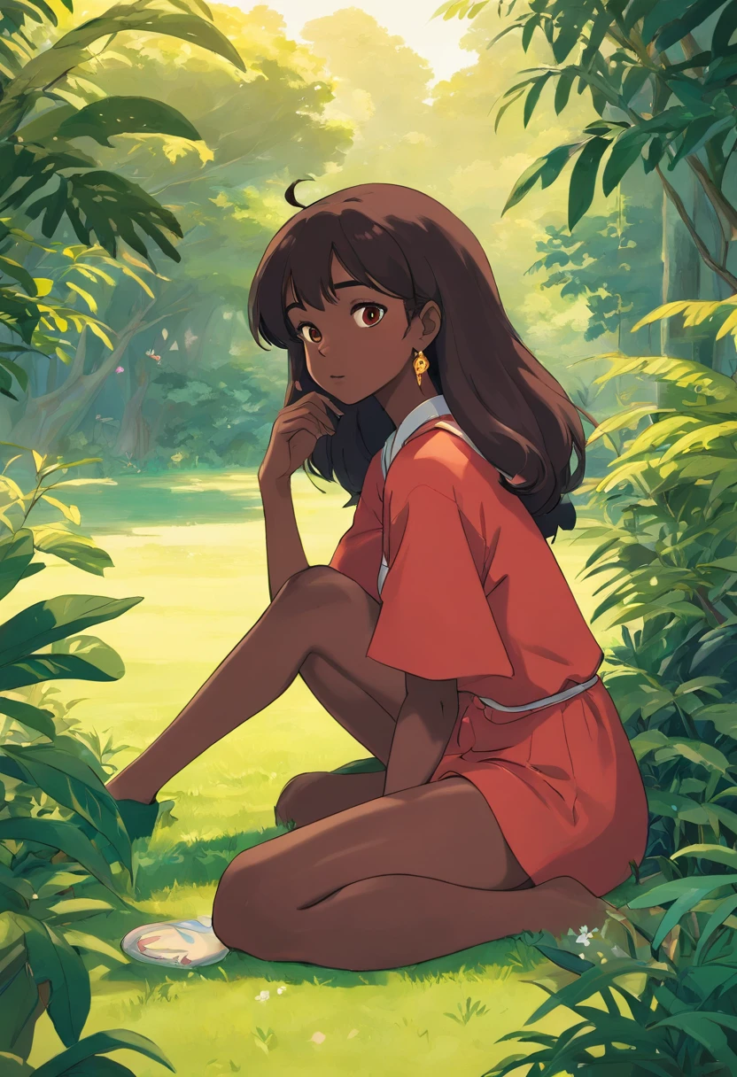 there is a woman sitting on the grass with a plant, maria borges, dark skinned, dark-skinned, dark skin, dark brown skin, dark black skin, with brown skin, black young woman, beautiful city black woman only, african domme mistress, dark skin tone, dark black skin tone, dark skin female goddess of love, black skin, brown skinned