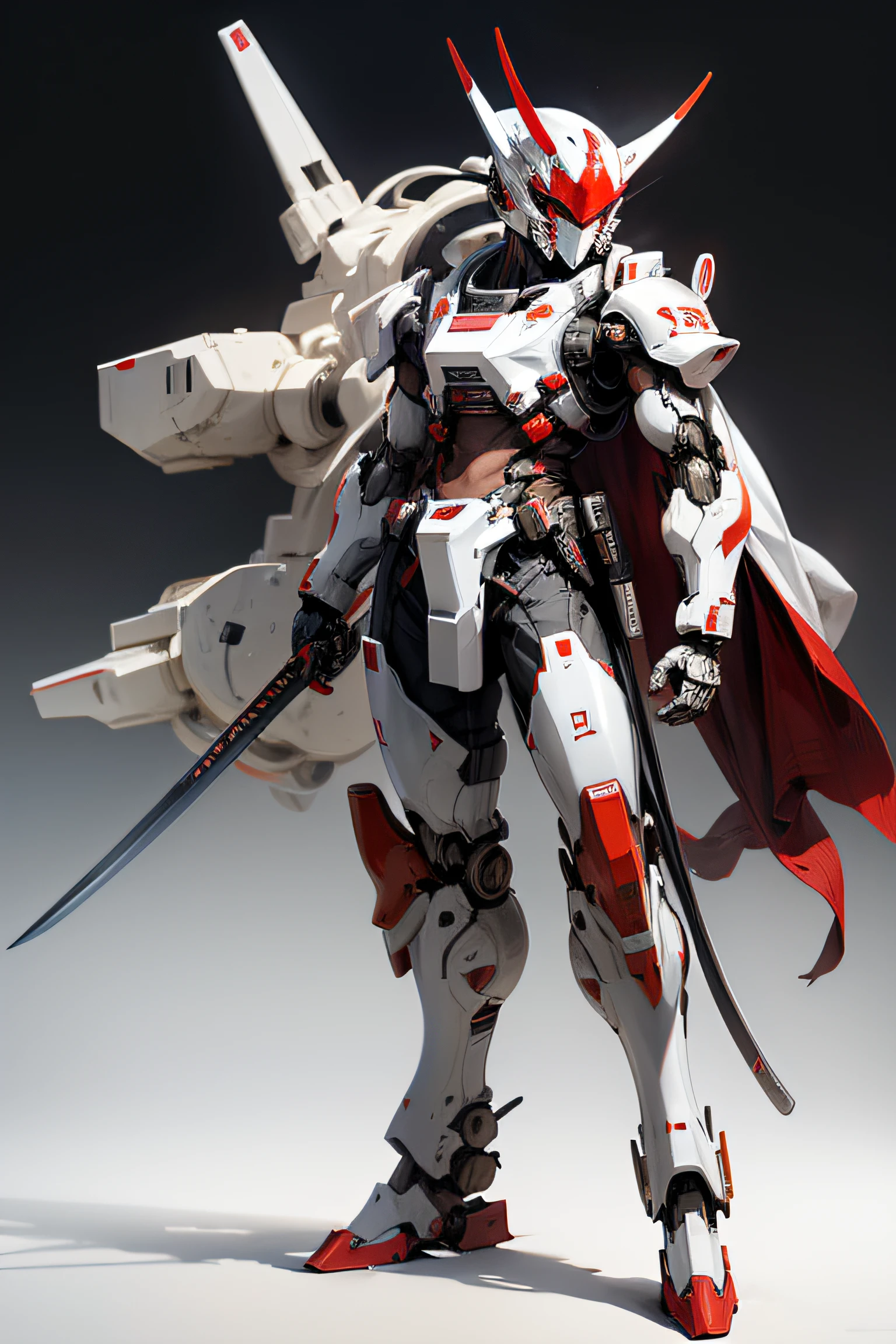 mecha with samurai helmet, holding mechanical katana, white base(black and red theme), full body, space background