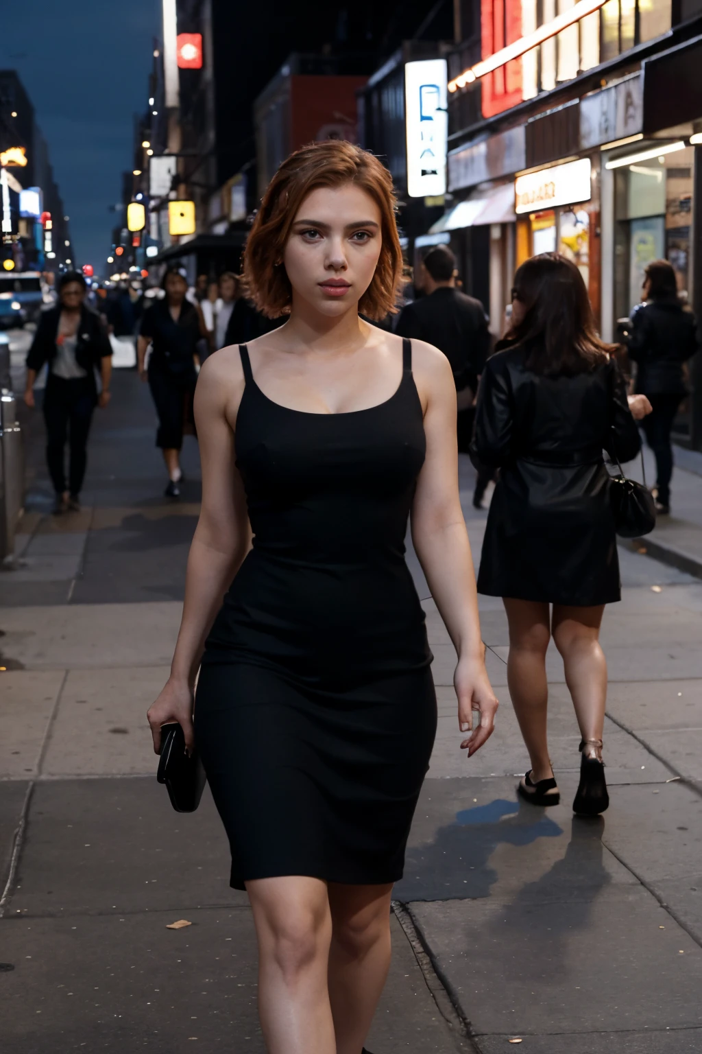 Scarlett Johansson, tight black dress, walking down the street in New York City at night.