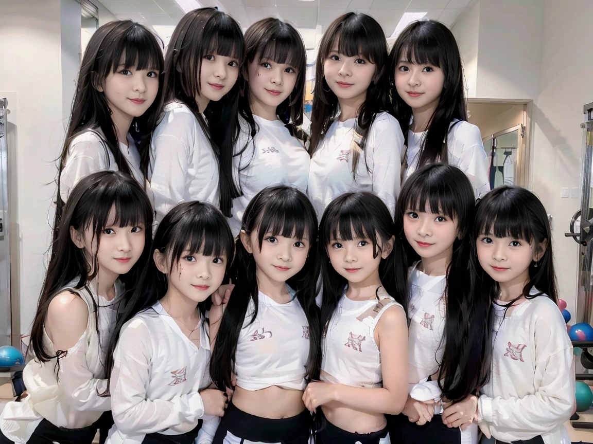 a picture、7girls、Women only、huge tit、Seven 7-year-old girls with the same face wearing matching gym clothes、a smile、Raw photo、same person、7 years old、elementary student