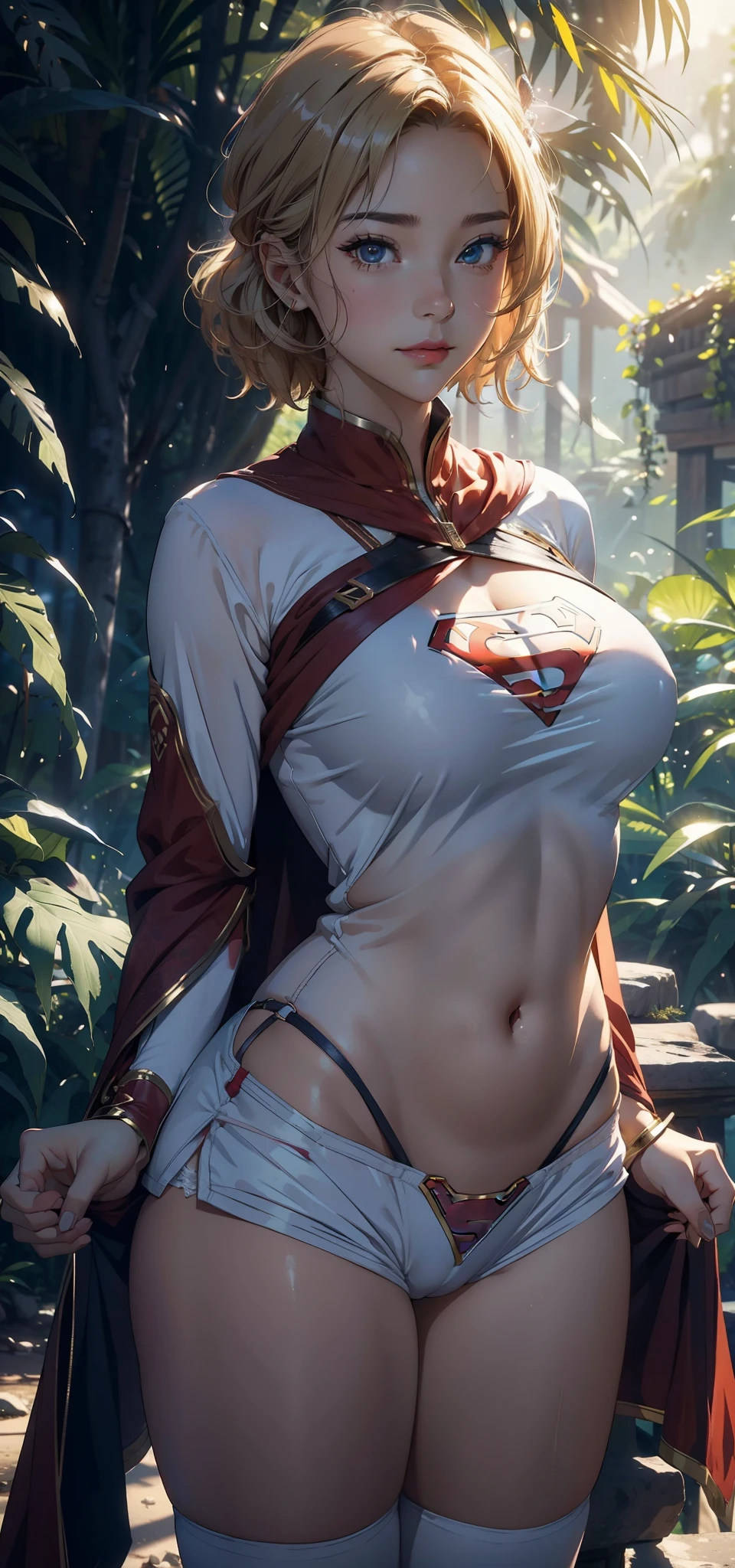1female,25 age old,Large breasts,long leges,big chest and thin waist,Slightly fat, photo exposure, 独奏,(Background with:at a forest,the rainforest,in summer) She has short blonde hair,The stands up,seen from the front, curlies, The sky is mostly cloudy,(((tmasterpiece),(Very detailed CG unified 8k wallpaper),Best quality,电影灯光,detailed back ground,beautidful eyes,Bright pupils,(very delicate beautiful),(Beautiful and detailed eyes description),ultra - detailed,tmasterpiece,)),facing at the camera,A high resolution,ultra - detailed),Expose breasts exposed,Bare genitals, convex,Camel toes,Raised sexy,Supergirl(dressed in:Superman uniform,sexy shorts)nakeness,