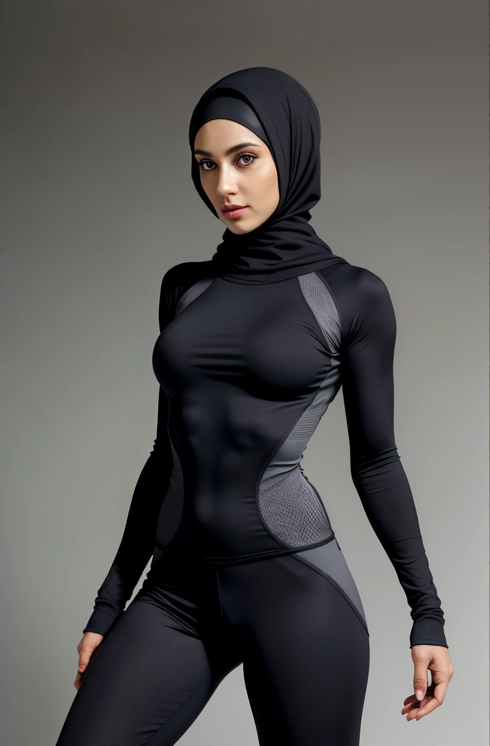 Tight dark gray compression wear, design that clearly shows the shape of the chest, medium breast, wearing hijab, cowboy shot, model pose