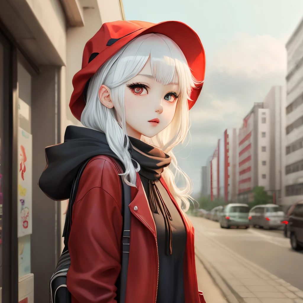 animemanga girl，Vampires，white color hair，red color eyes，Modern wear