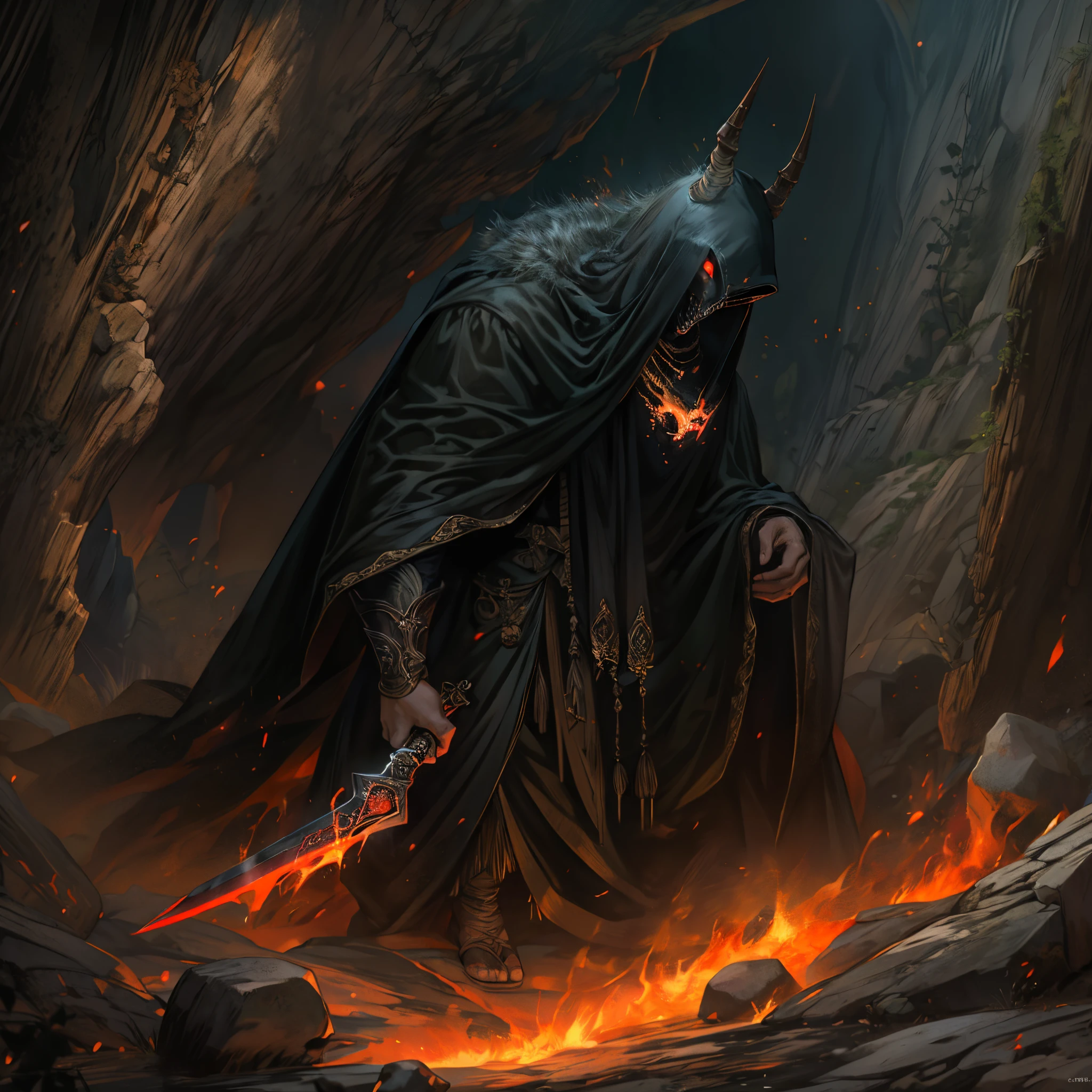 ultra detallado, beautiful and aesthetic, Beautiful, obra maestra , misterio , atmospheric , genial , sobrenatural , La mejor calidad , cueva , 1 hombre , 1 demonic monster , monstruo muy grande , Hombre matando monstruo , The man has a long black hooded robe , He can use magic , El monstruo tiene un cuerno muy grande , Monstruo respira hacer fuego ,  El hombre tiene una gran espada brillante , fantasy sword , 4 Little monster around the big monster , Magma alrededor del campo de batalla , The battlefield is in Cavern , Toda la cuevaa en llamas , La espada del hombre brilla , Acantilado de mayo y roca en Caverna , Caverna en llamas , (Caverna ultra detallada) , (Magma ultra detallado) , (Cara de hombre ultra detallada) , (Espada ultra detallada) , (Monstruo ultra detallado)