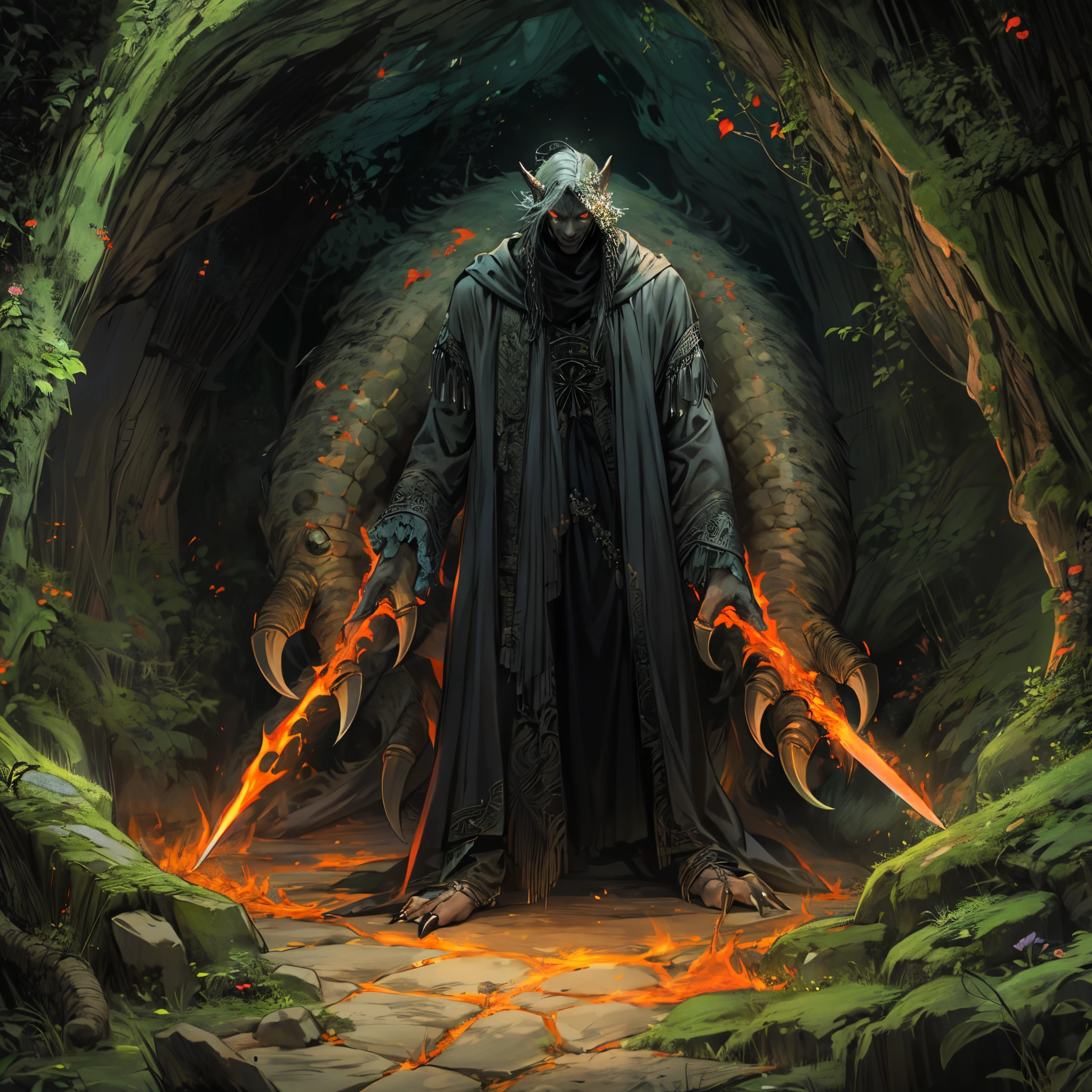 ultra detallado, beautiful and aesthetic, Beautiful, obra maestra , misterio , atmospheric , genial , sobrenatural , La mejor calidad , cueva , 1 hombre , 1 demonic monster , monstruo muy grande , Hombre matando monstruo , The man has a long black hooded robe , He can use magic , El monstruo tiene un cuerno muy grande , Monstruo respira hacer fuego , El hombre tiene una gran espada brillante , fantasy sword , 4 Little monster around the big monster , Magma alrededor del campo de batalla , The battlefield is in Cavern , Toda la cuevaa en llamas , La espada del hombre brilla , Acantilado de mayo y roca en Caverna , Caverna en llamas , (Caverna ultra detallada) , (Magma ultra detallado) , (Cara de hombre ultra detallada) , (Espada ultra detallada) , (Monstruo ultra detallado)