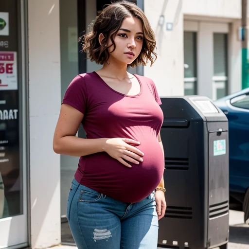 1 girl, casual clothes, short hair, wavy hair, massively pregnant,
