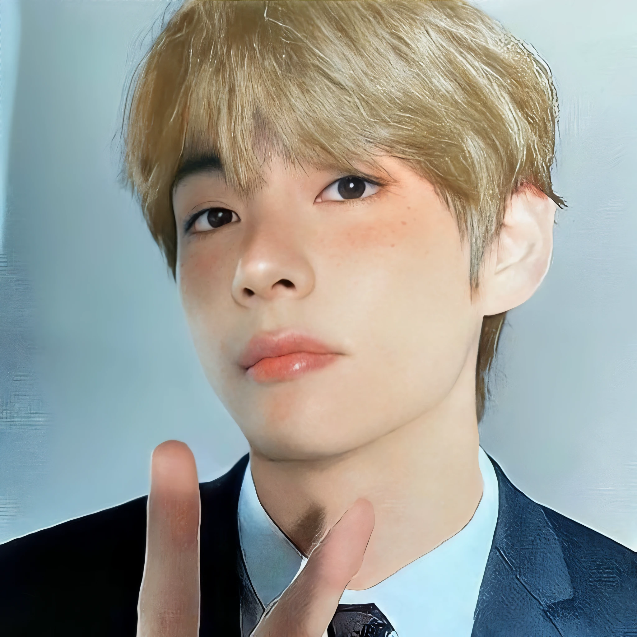 there is a man in a suit and tie making a stop sign, Cara precisa de Jimin, Jimin\labios regordetes, Jimin, Taehyung comiendo papas fritas Gucci, Jimin\swollen right eyelid, inspirado por Yanjun Cheng, Parque Jimin, Jimin\Nariz griega de, Kim Doyoung, Yanjun Chengt, Jung Jaehyun, Cai Xukun