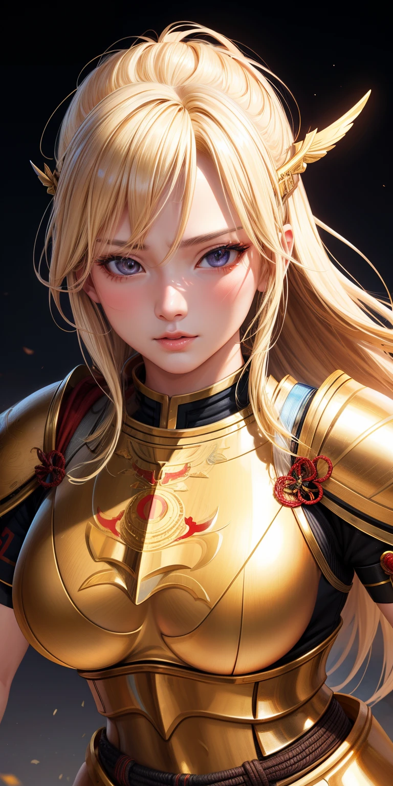 Blonde Valkyrie wear traditional golden red samurai armor, realistic face, realistic facial skin, realistic eyes, strong stance, sharp eye sight, beautiful big breast, bust breast, black background
