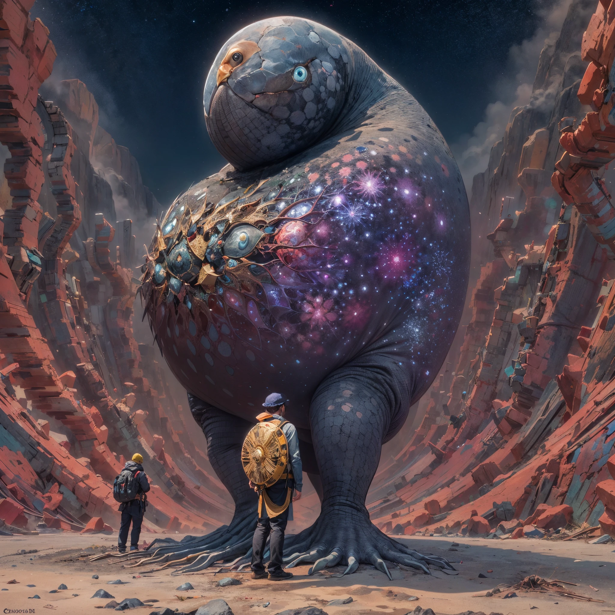 Monstruo gigante mirando hacia abjao en un paisaje de otro mundo,Gigante echo de fractales, Fractal infinito,fractal de Mandelbrot, divino, Figura imponente humanoide, masivo,escala masiba, mirando hacia abajo, de pie, inmenso, apocalyptic, colorido, iridiscente, obra maestra, 4k-resolution, detalles intrincados, dios,divino,ente superios echo de fractales,figuara imposible,geometria unica,