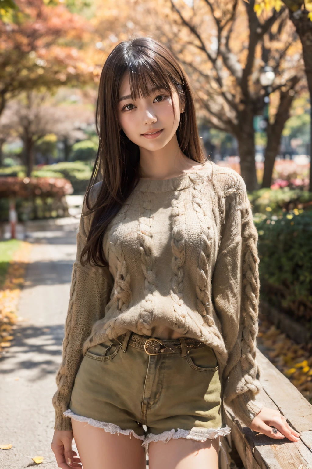 (8K, Raw photo, Best Quality, masutepiece:1.2), (Realistic, Photorealsitic:1.4), (Very detailed 8k wallpaper), Sharp Focus, depth of fields, blur backgroun, Bokeh, Cinematic lighting, Soft light, Upper body, (17 year old cute Japanese woman:1.3)、Attractive woman、Cute Idol,(delicate nose)、Delicate girl、Brown Longhair、(realistic textured skin)、(Natural color lips)、(delicate bangs)、Beautiful hairstyle、(tthin eyebrows)、thin arm、above thighs、Autumn Park、Happy smile