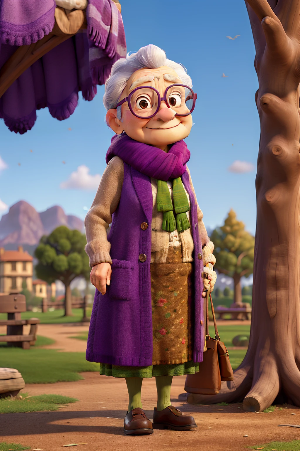 masterpiece, best quality, an old woman with glasses and a scarf on, wearing a purple coat and green scarf, standing at the park