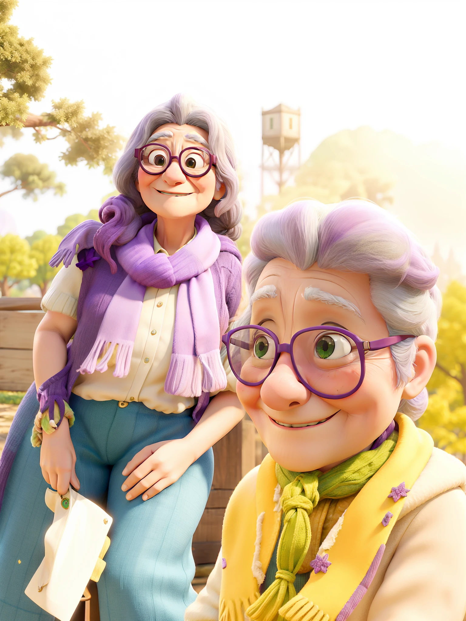 masterpiece, best quality, an old woman with glasses and a scarf on, wearing a purple coat and green scarf, standing at the park