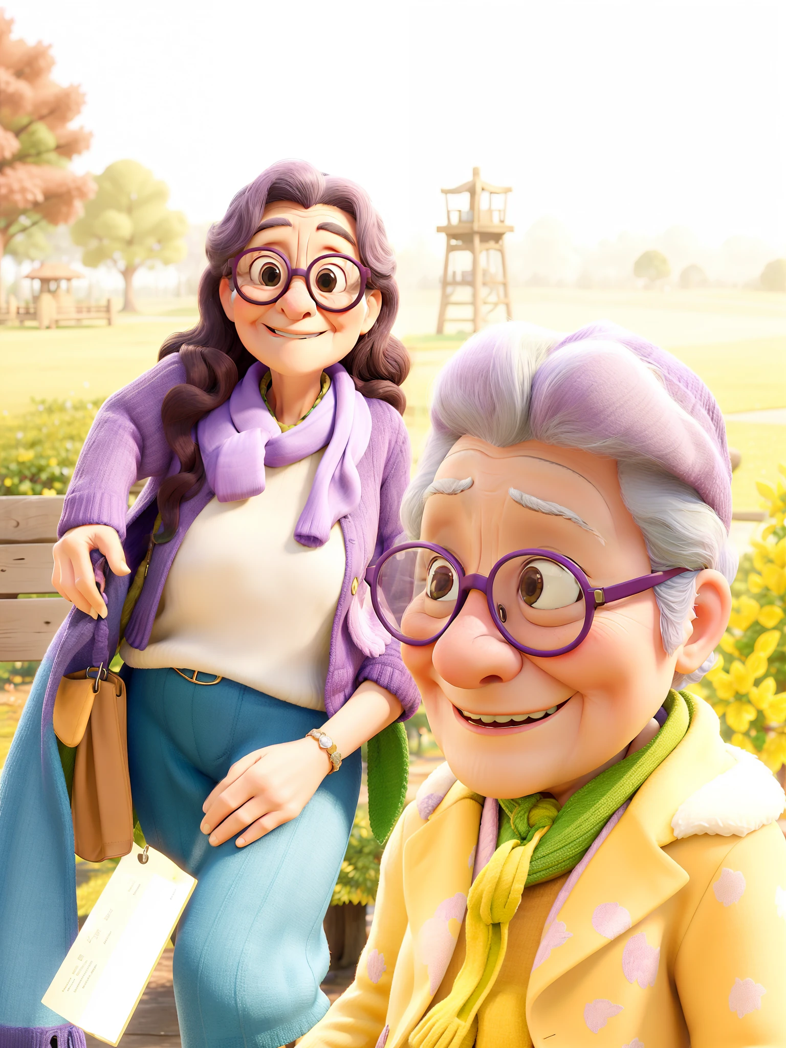 masterpiece, best quality, an old woman with glasses and a scarf on, wearing a purple coat and green scarf, standing at the park