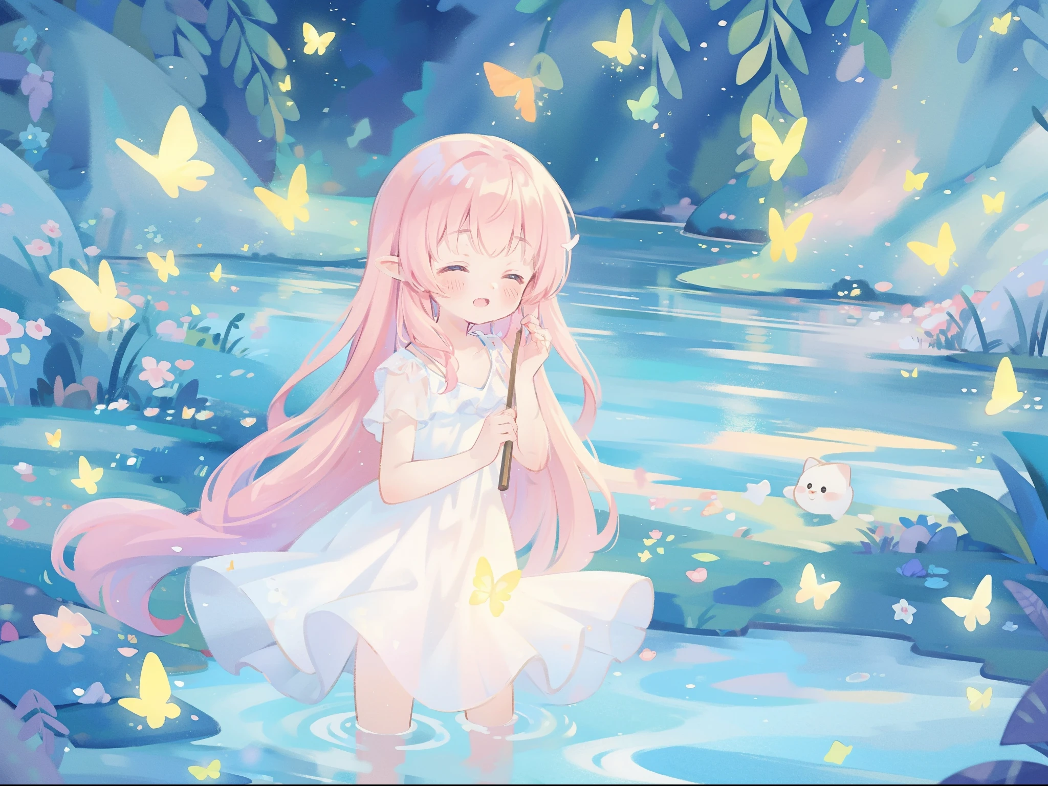 watercolor illustration, vibrant pastel colors, dreamy, colorful, whimsical, magical, masterpiece, best quality, sharp focus, intricately detailed environment, fine detail, 8k resolution, waterfall lagoon, (magical lagoon), (waterfall, lake), glowing lights, fireflies, glowing butterflies, fairy creatures, glowing fairies, beautiful girl in sparkling delicate white dress
