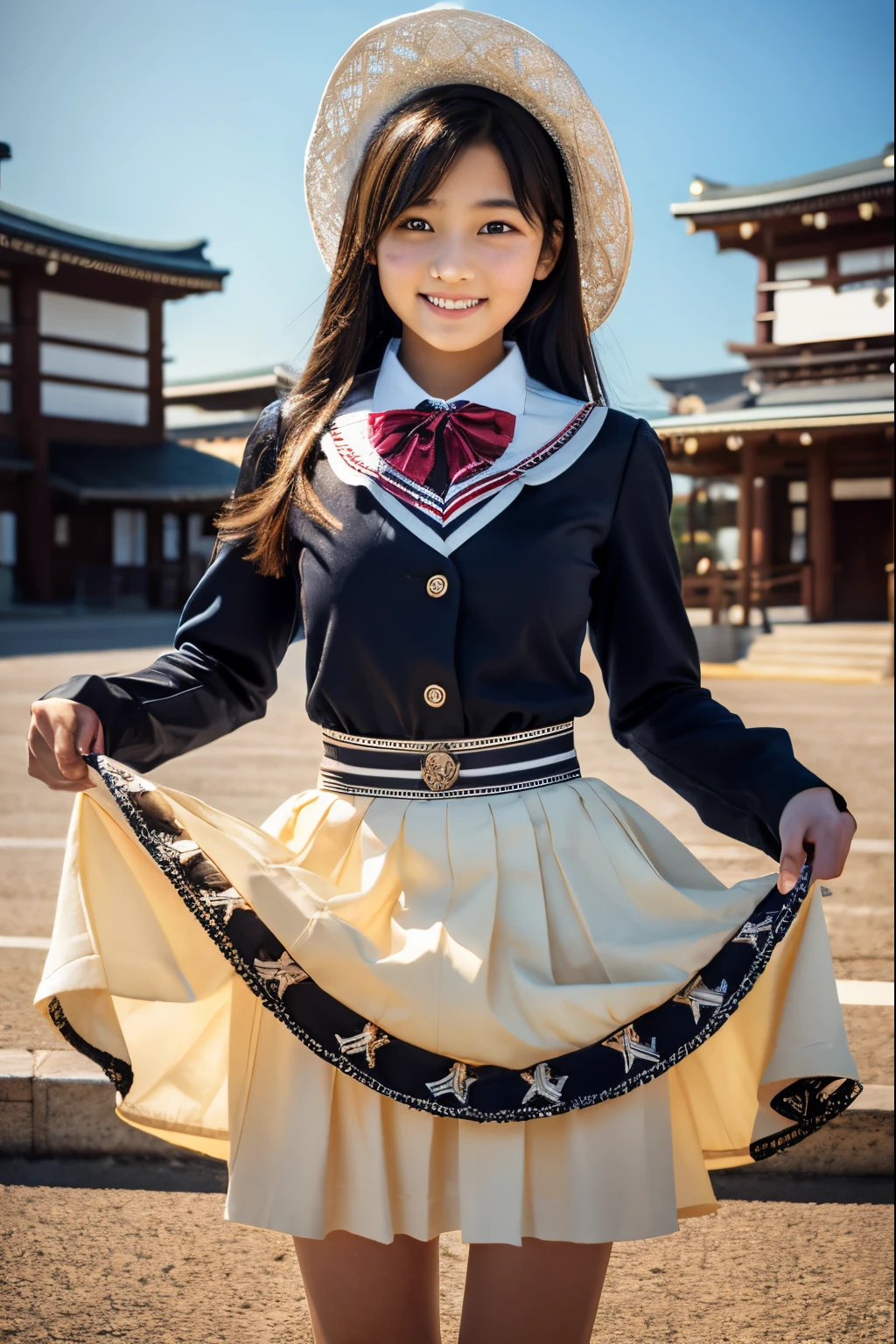 japanes, Girls Children , Portrait , Long blonde hair and bow,Layered skirt,Noble,opulent,cropped shoulders