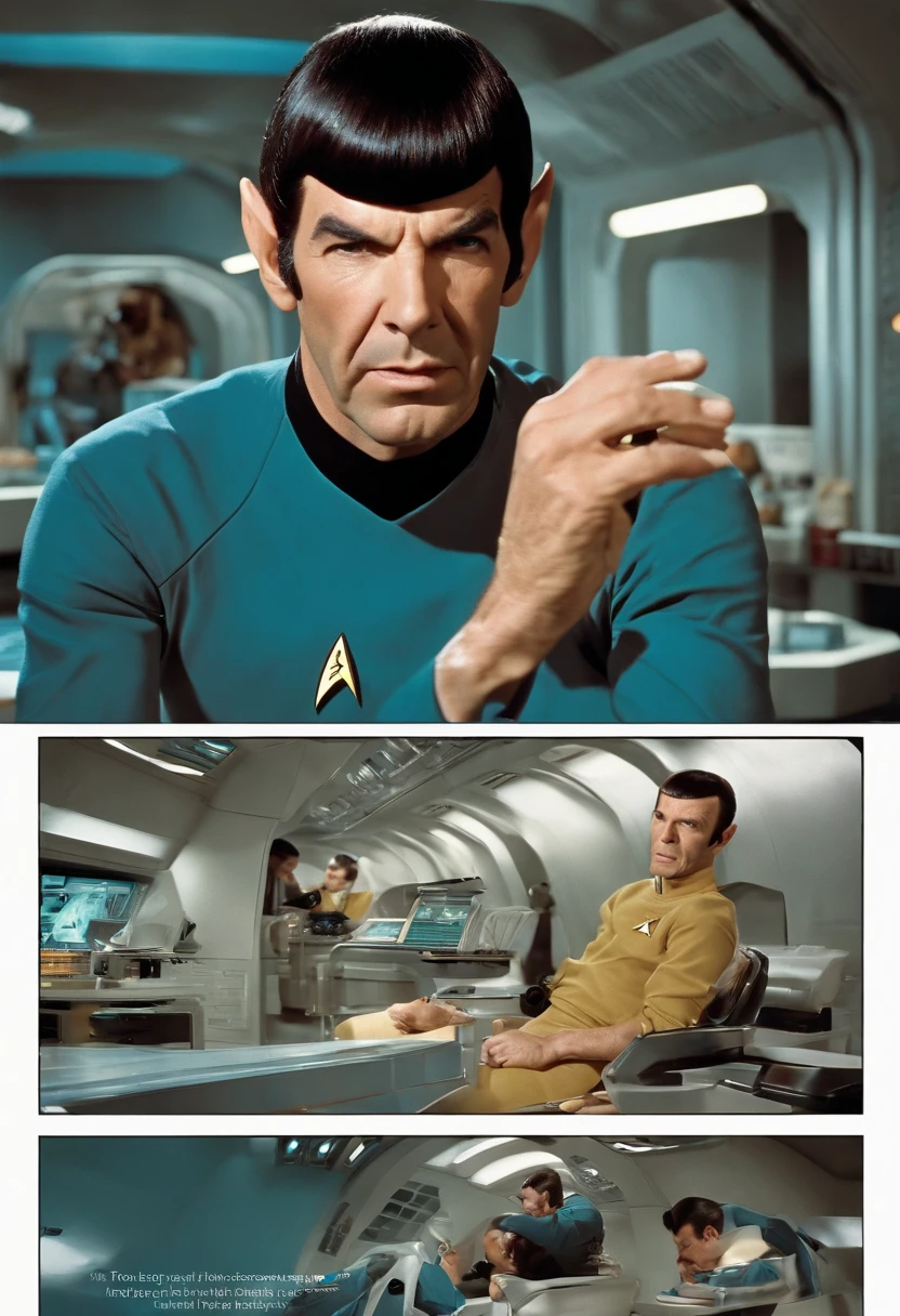 A photo of Spock in a starship's science lab, conducting an experiment in zero gravity.,Star Trek,Spock, the iconic character from “Star Trek,” is distinguished by his unique Vulcan appearance: sharp, angular features, with notably pointed ears and slanted eyebrows, often complemented by his calm, composed expression. His hair is typically cut in a precise, straight style, adding to his orderly and logical demeanor.